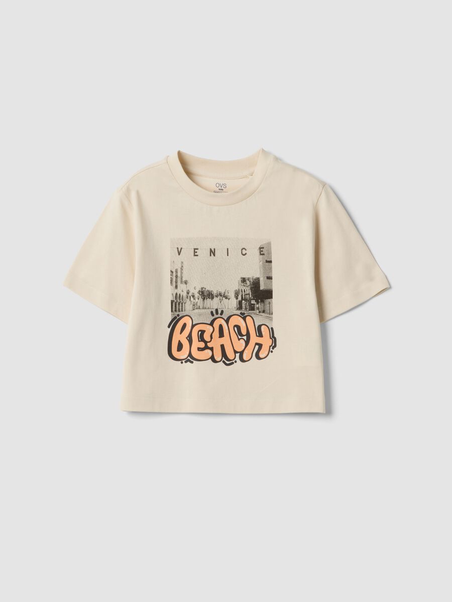 T-shirt beige a maniche corte in cotone organico_3
