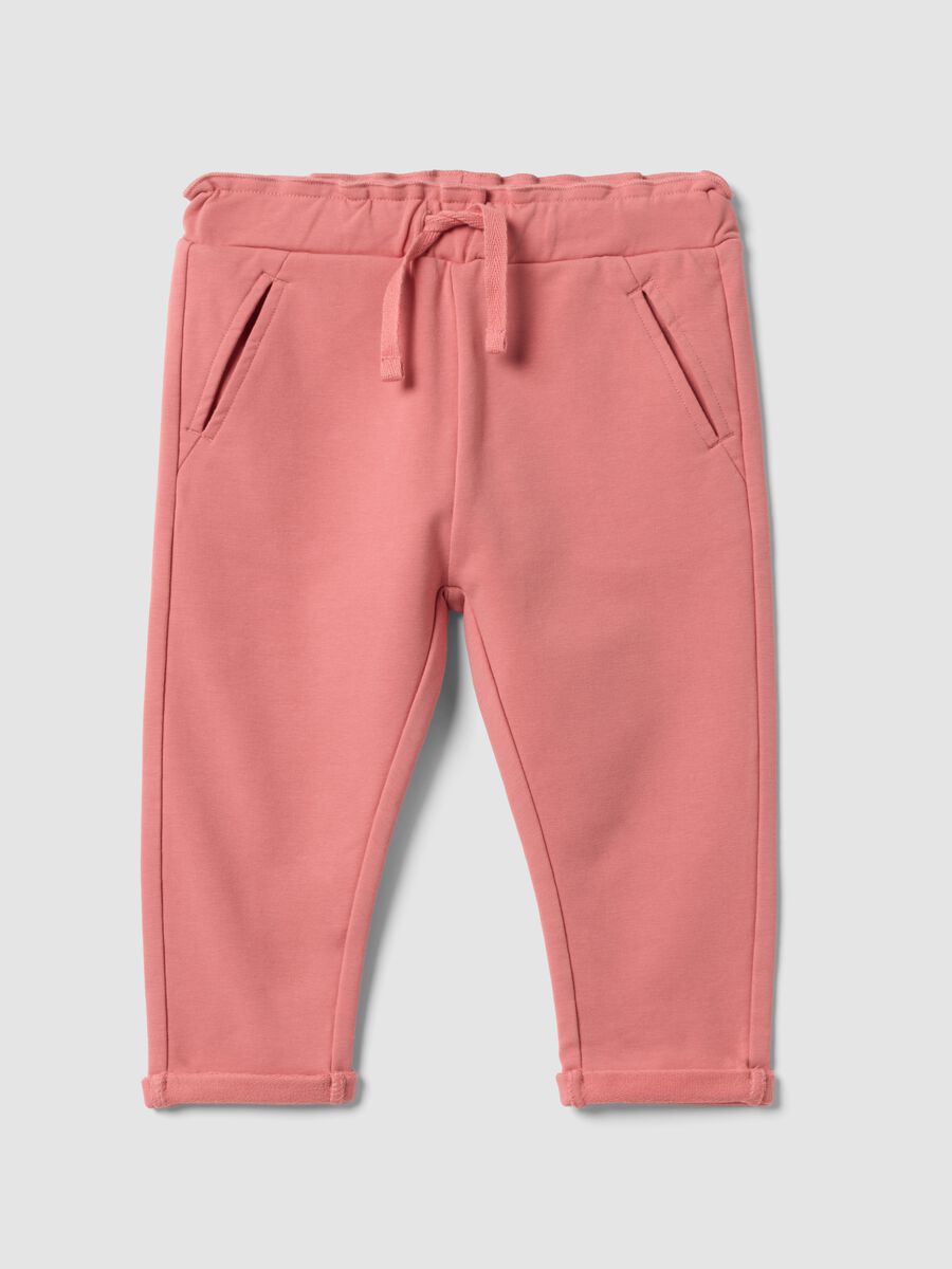 Pink stretch cotton joggers with turn-up hem for baby girl_0
