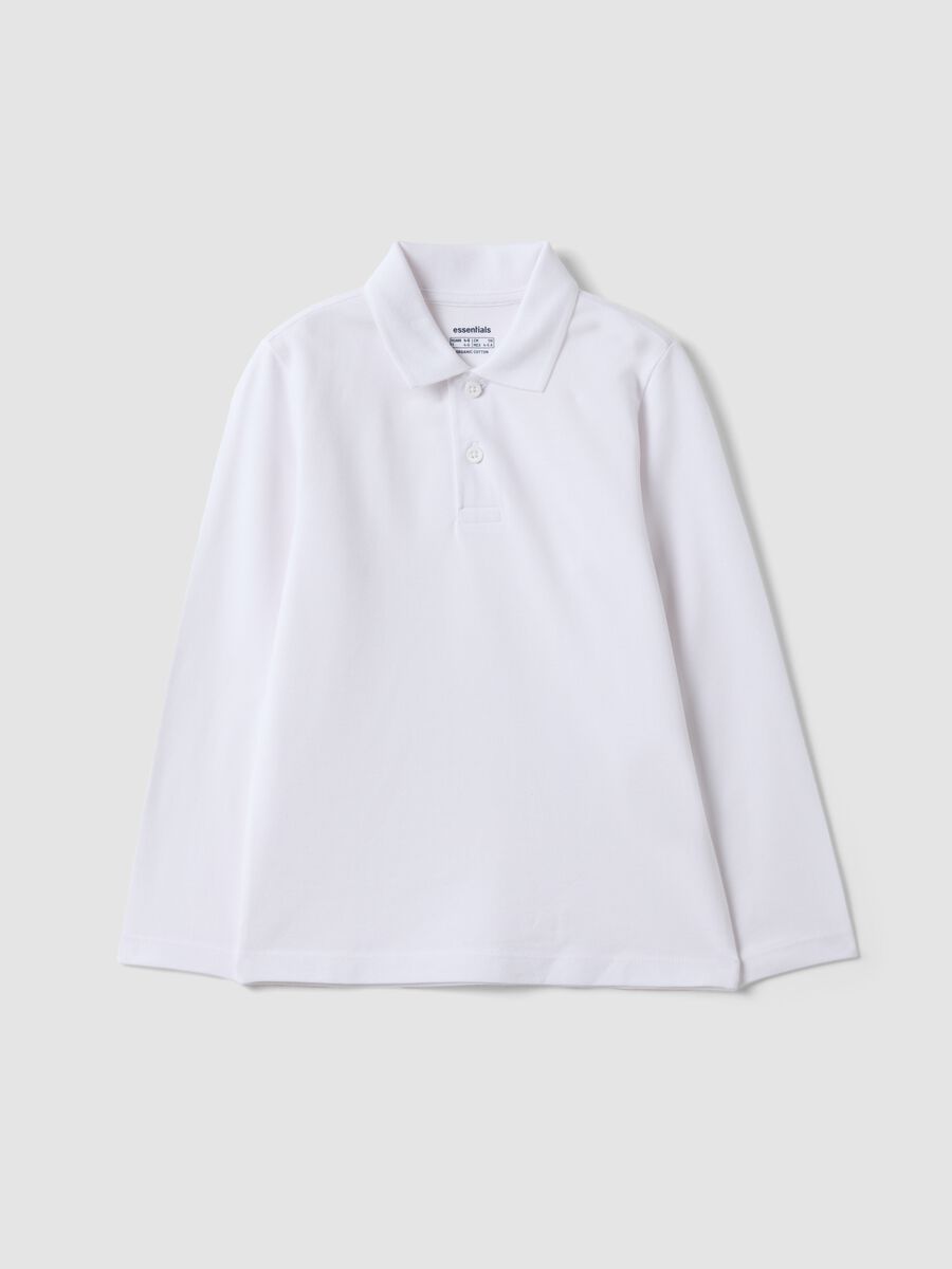 White long-sleeve polo shirt in pure organic cotton, regular fit, for boys_0