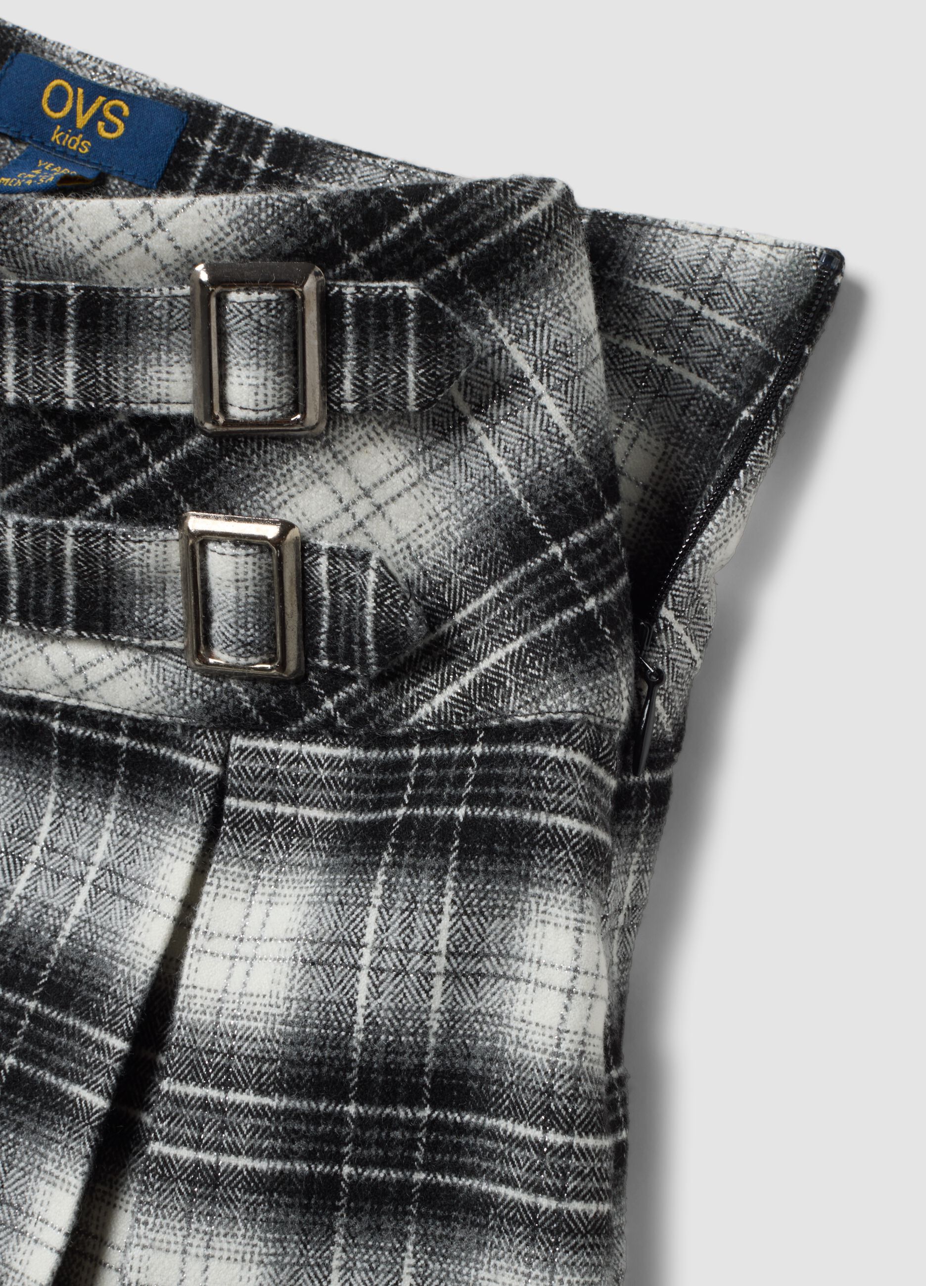 Black checked stretch viscose skirt with double buckle