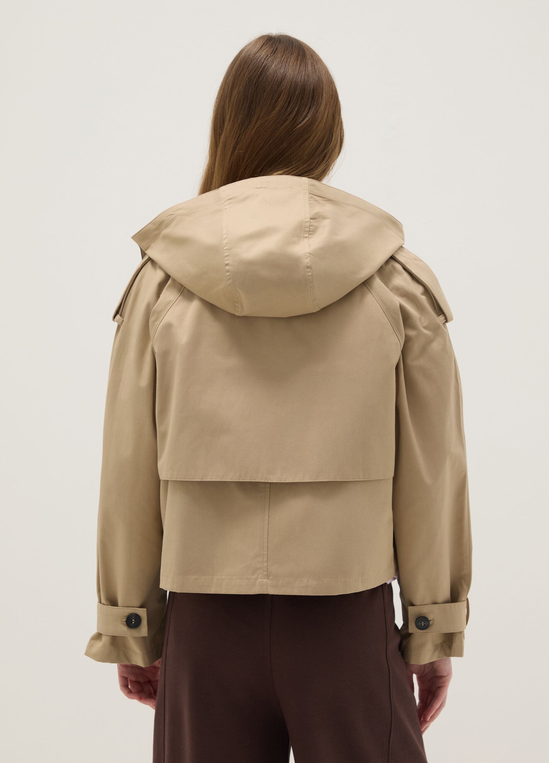 Beige cotton blend regular fit jacket with hood