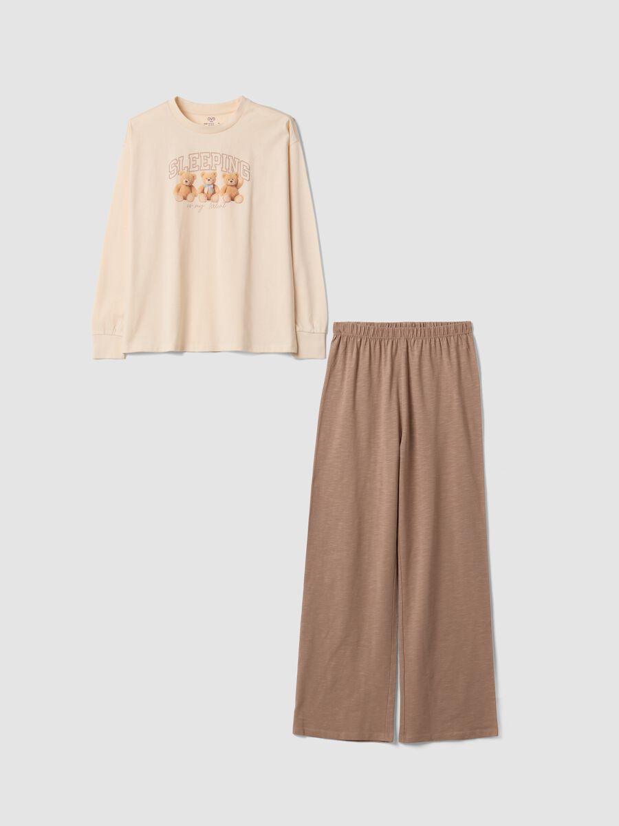 Beige organic cotton pyjamas with crew neck and teddy bear print_0