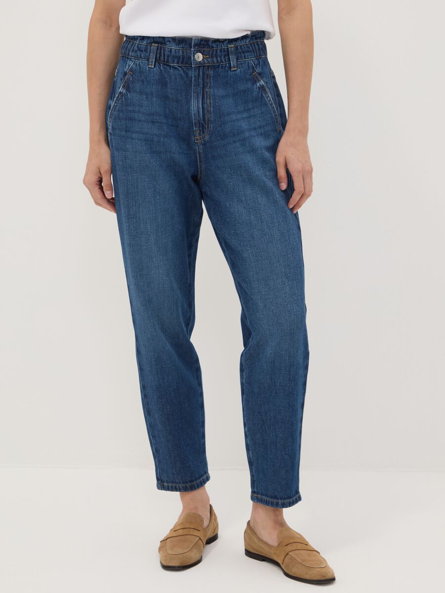 Blue denim baggy-fit jeans in pure cotton with paperbag waist_1