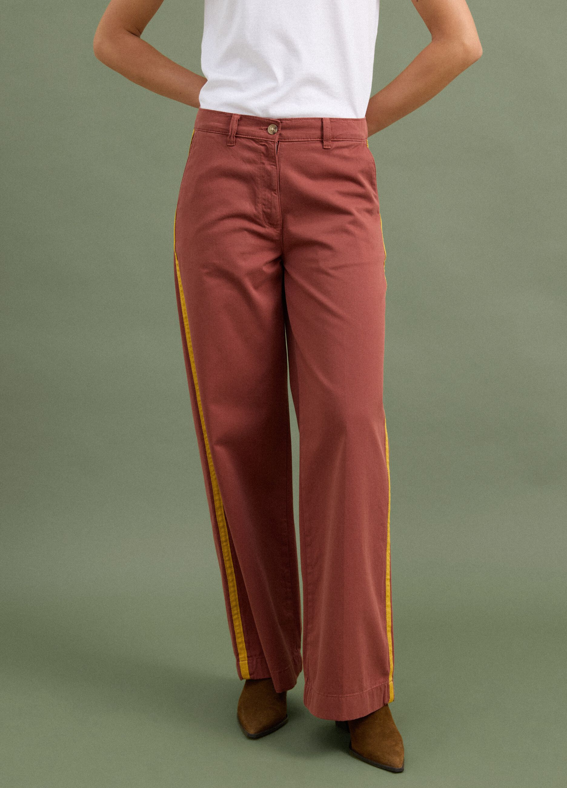 Red wide-leg cotton chino trousers with contrast side stripes