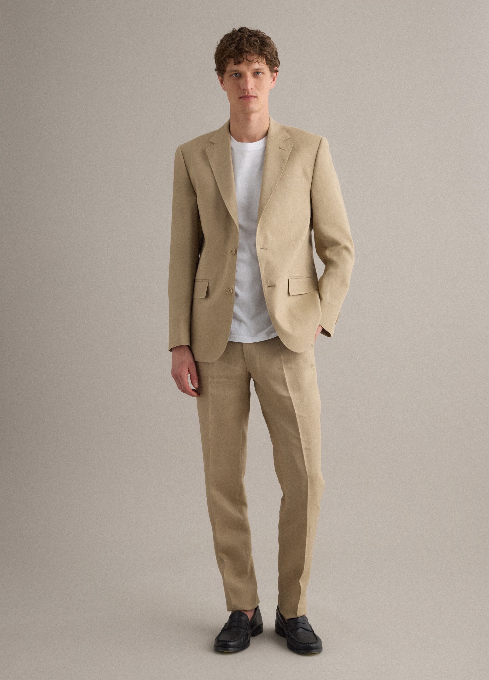 Beige slim-fit pure linen trousers