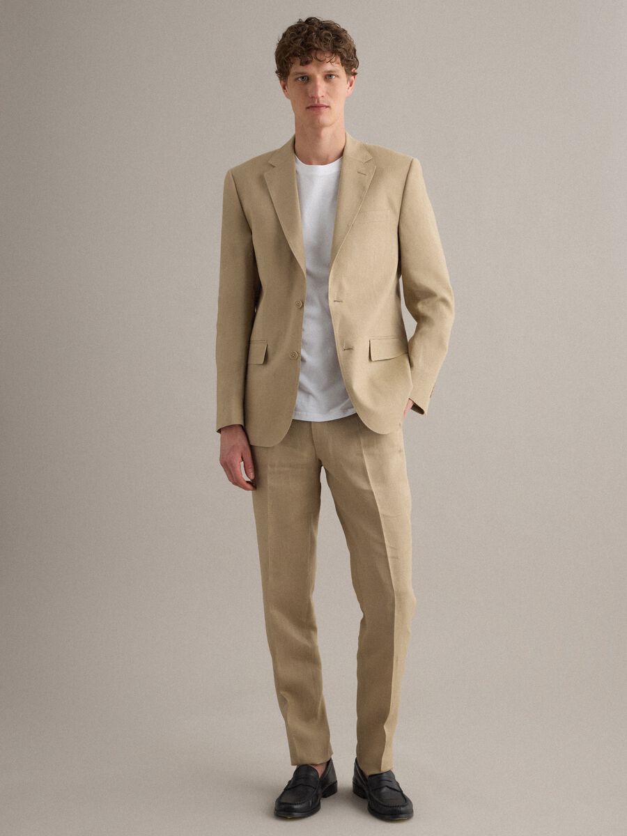 Beige slim-fit pure linen trousers_0