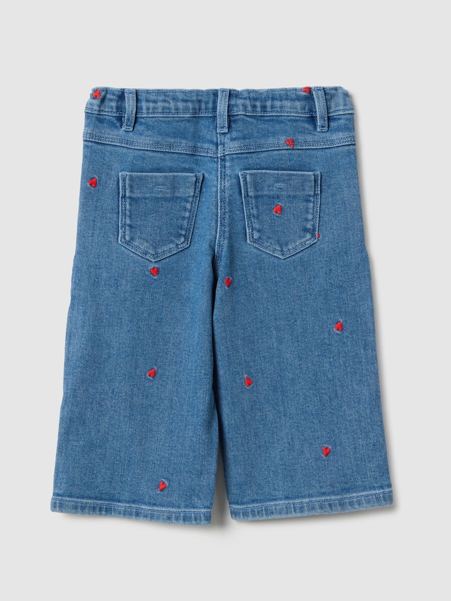 Pantaloni in cotone elasticizzato denim con ricami per bimba wide leg_1