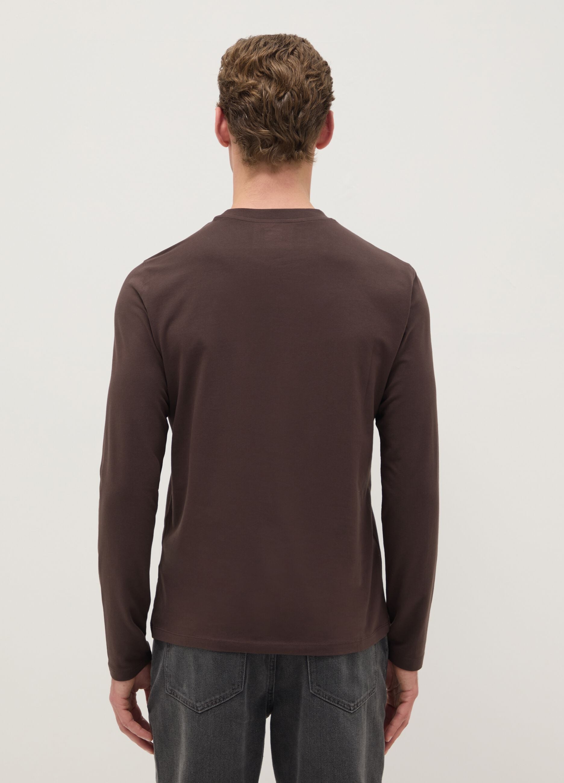 Regular fit stretchy cotton long sleeve brown t-shirt