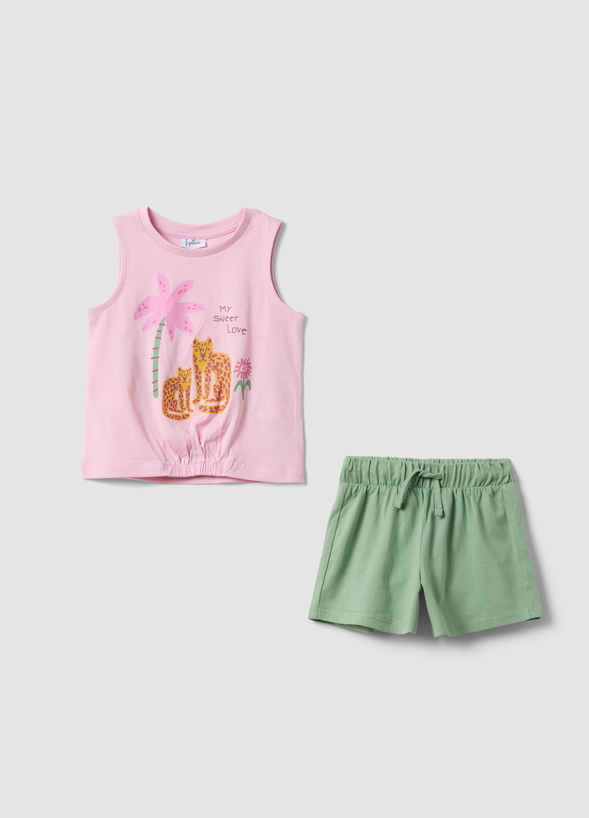 Pink and green pure cotton top and shorts set for baby girl
