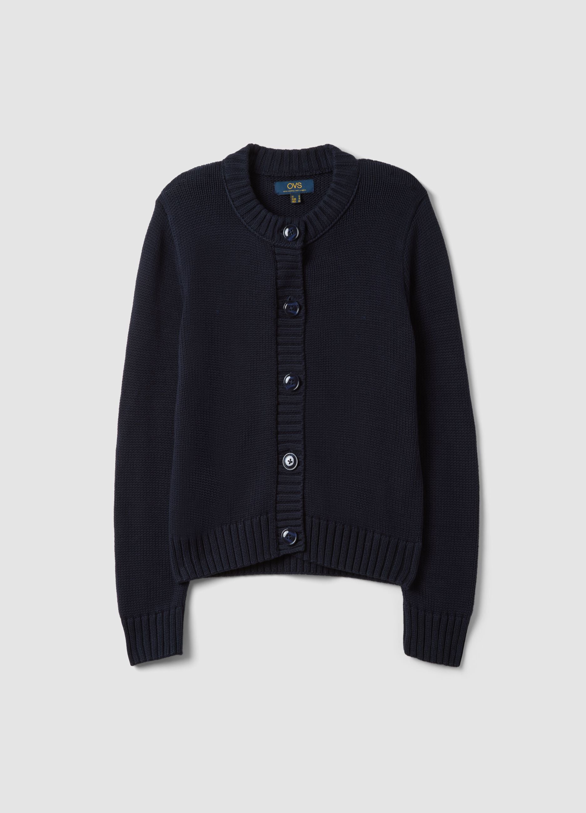 Navy pure cotton crew-neck cardigan with buttons, regular fit