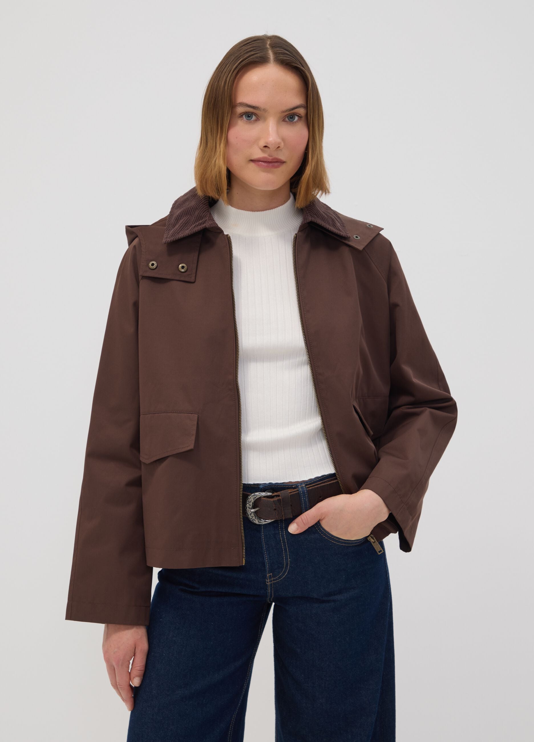 Brown cotton-blend parka jacket with hood and ribbed collar