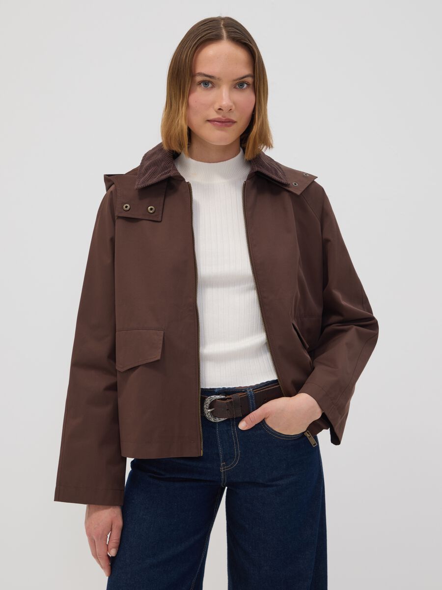 Brown cotton-blend parka jacket with hood and ribbed collar_0