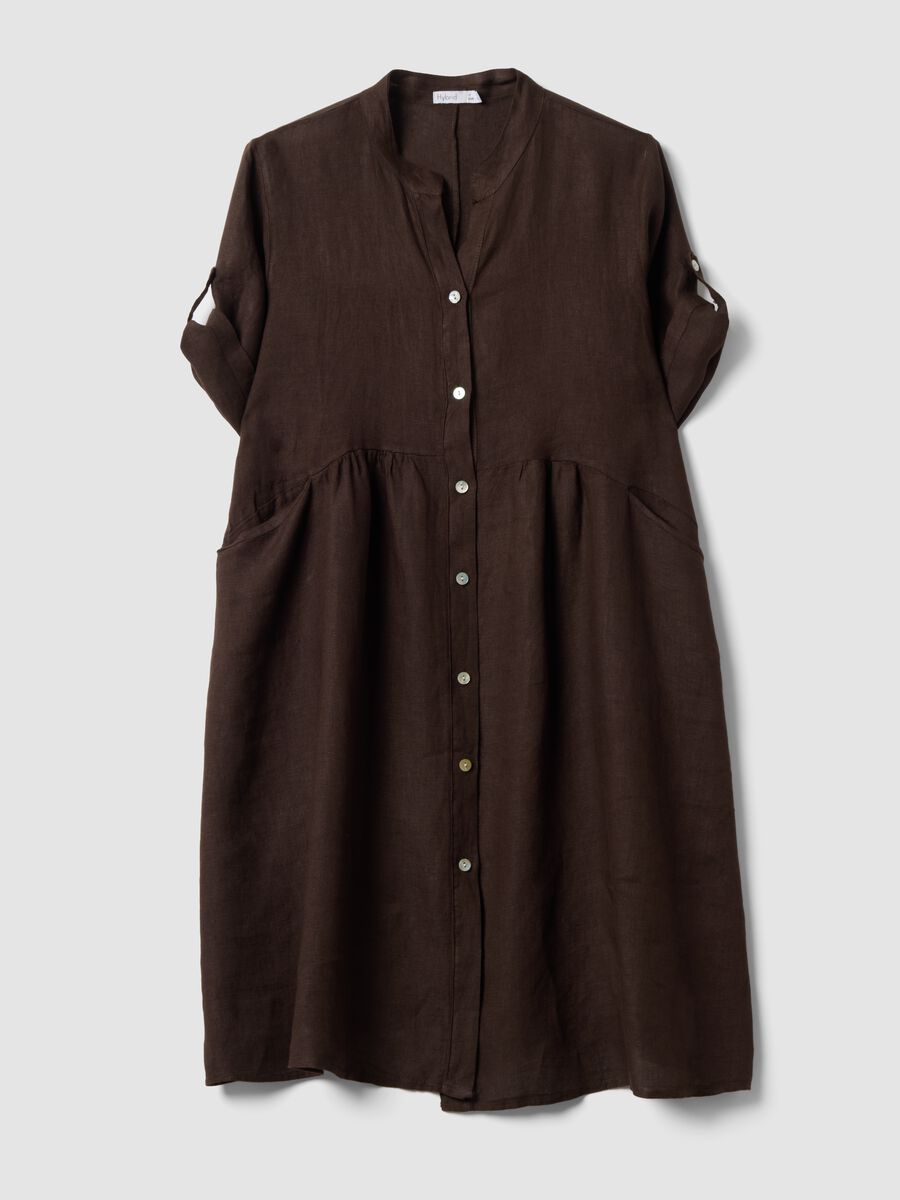 Brown pure linen dress with Mandarin collar, regular fit_4
