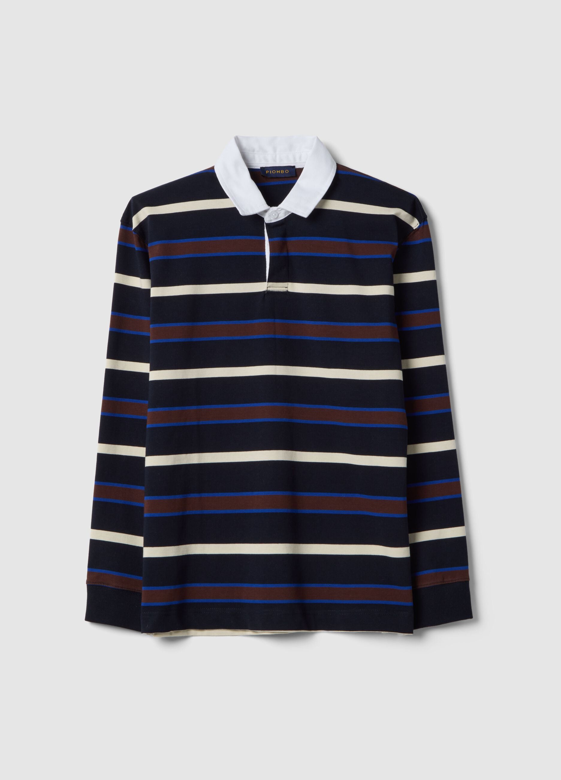 Long sleeve pure cotton polo with multicolour stripes, regular fit