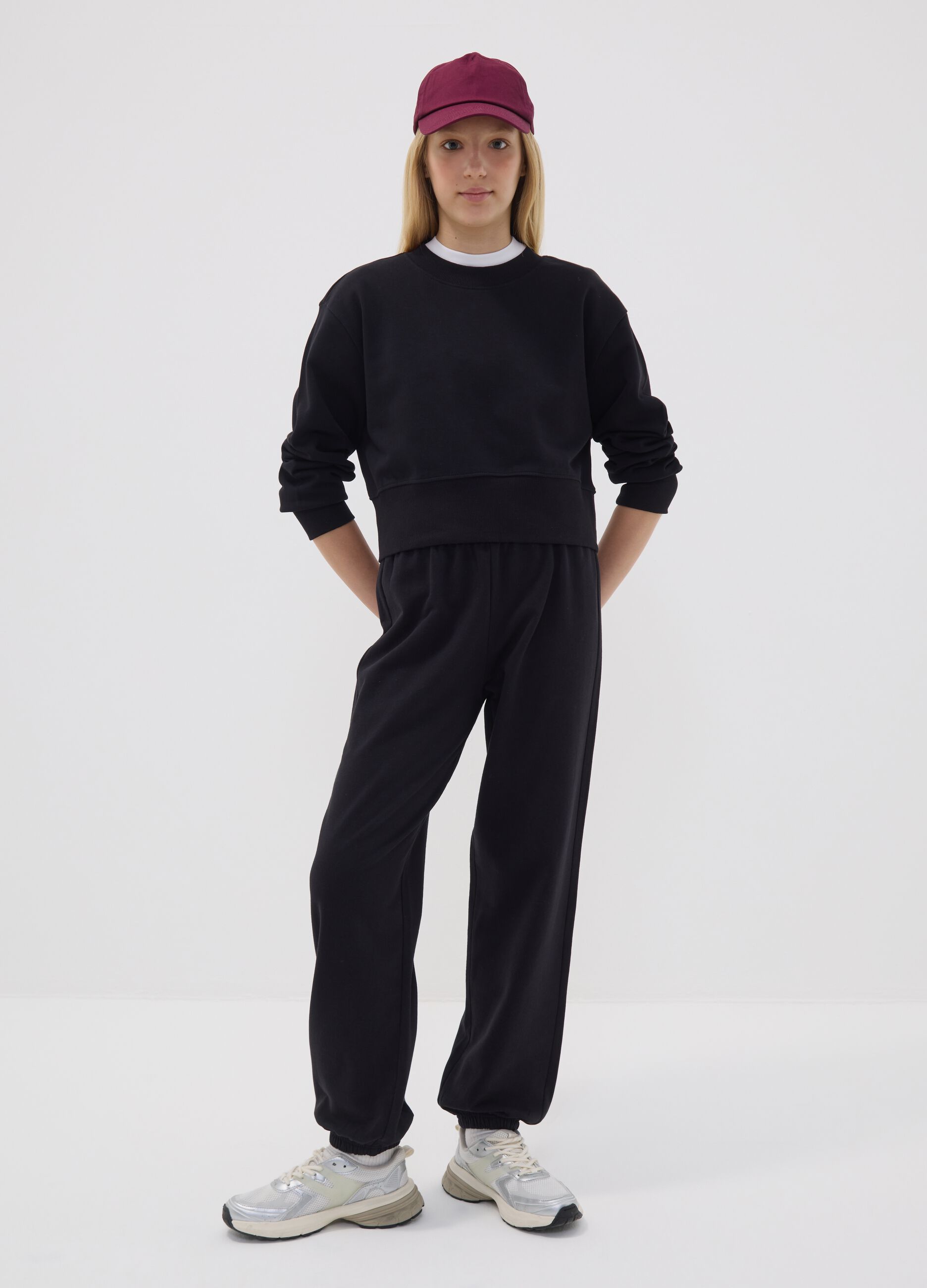 Black jogger trousers in organic cotton and viscose blend for girls
