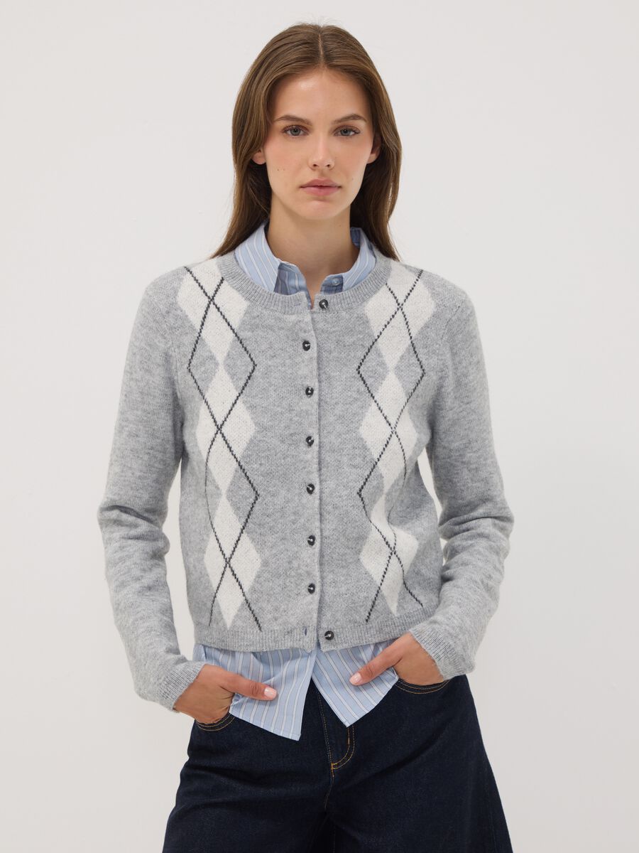 Grey jacquard stretch wool crew-neck cardigan, regular fit_0