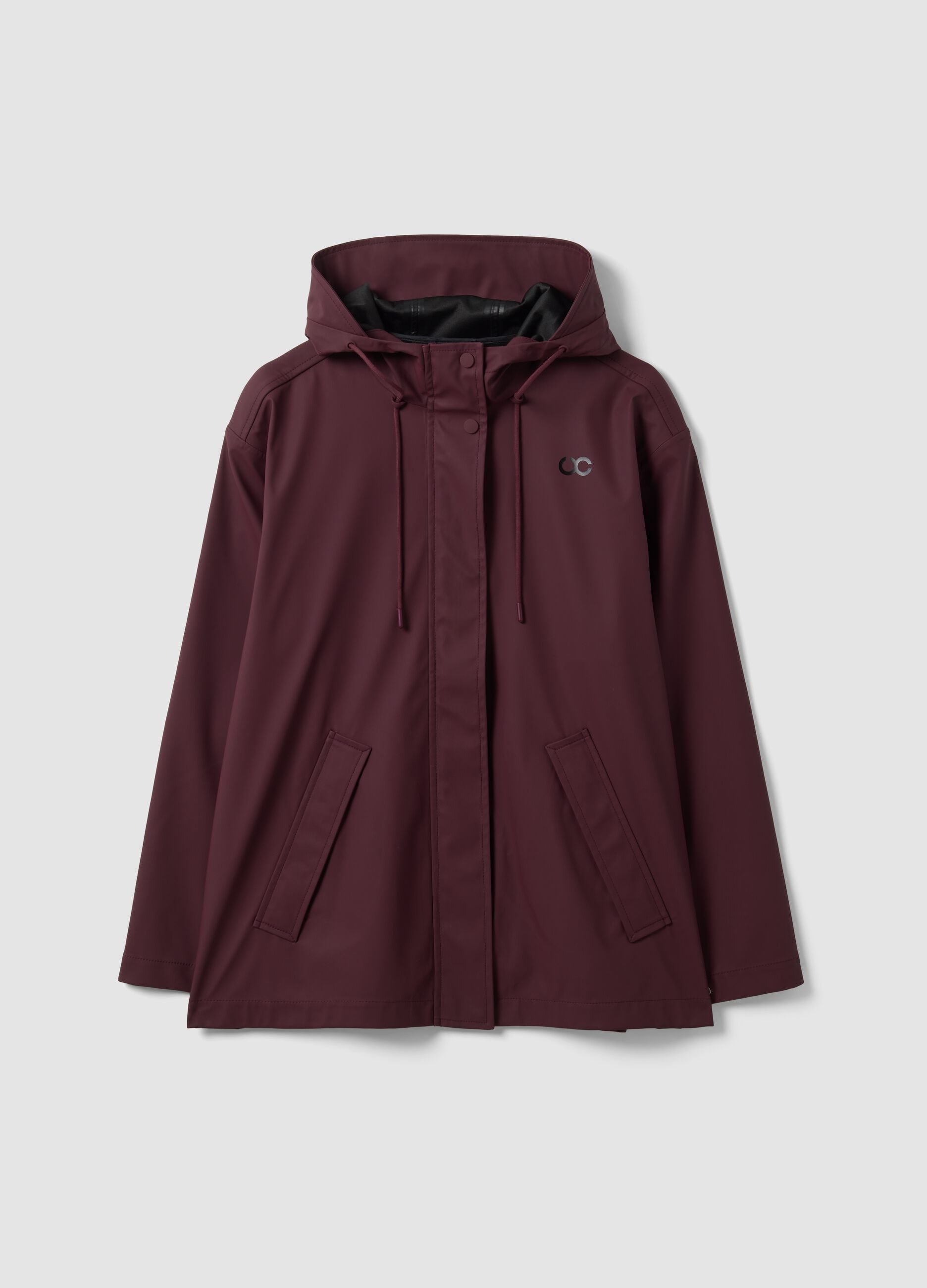 Red rain jacket with zip and hood