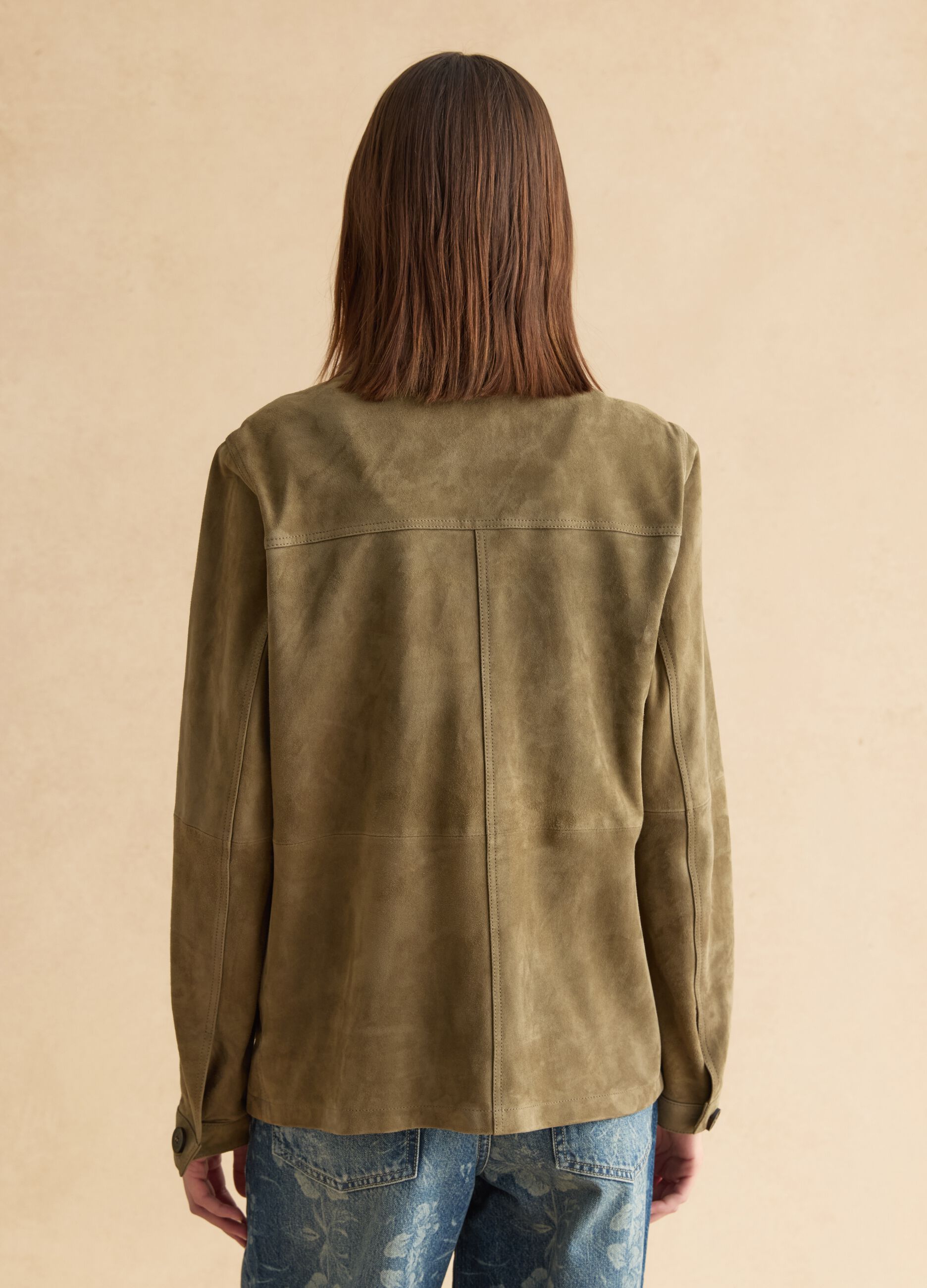 Green genuine leather jacket, regular fit with buttons