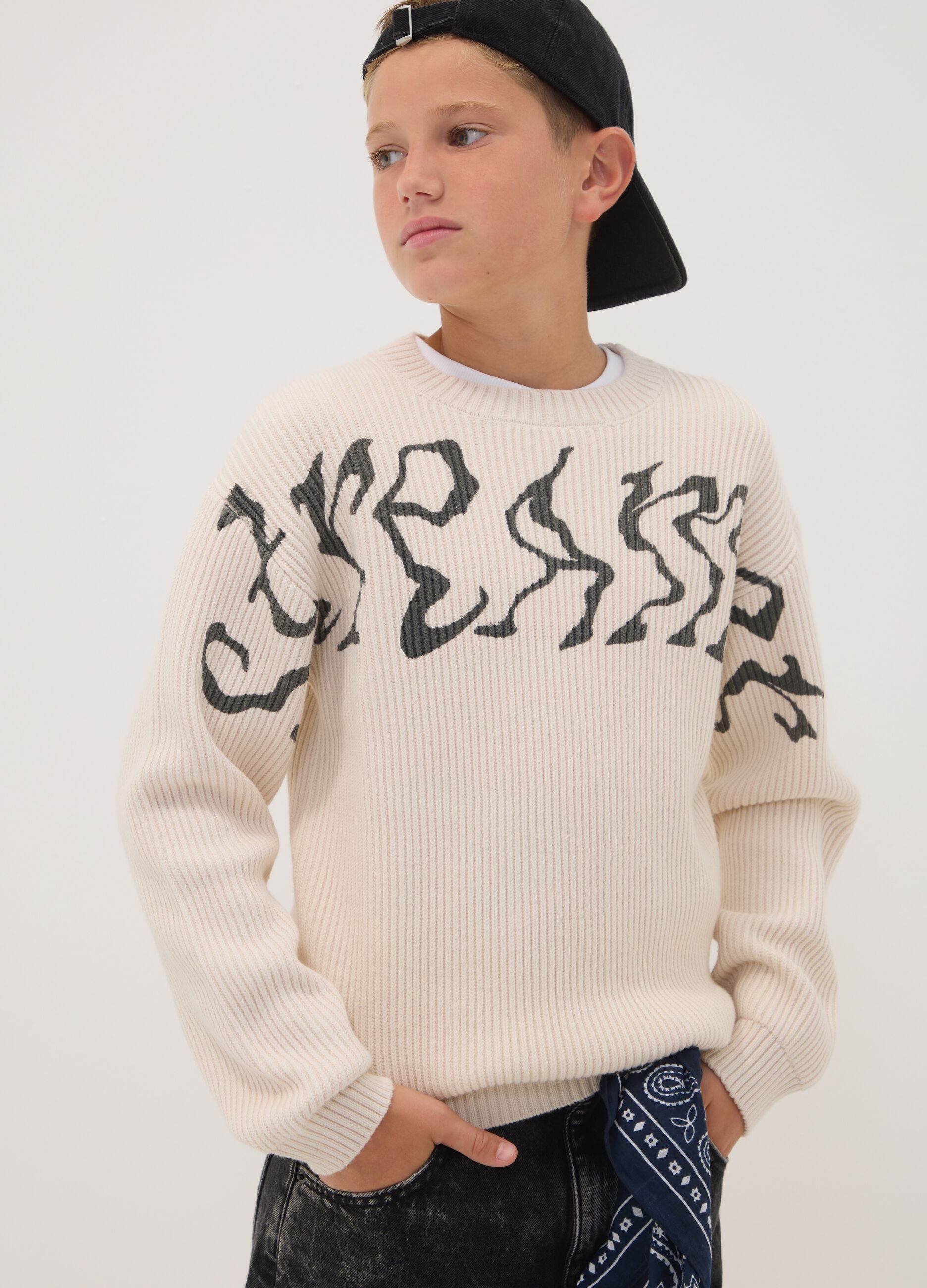 Beige oversized cotton-blend ribbed crew-neck top for boys