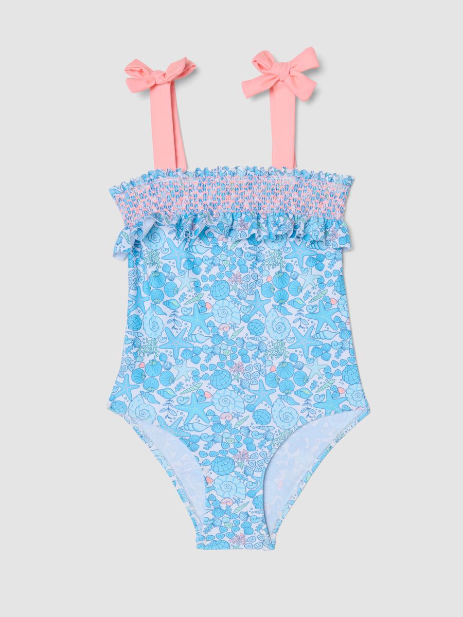 Blue stretch swimsuit with marine print for girls_0