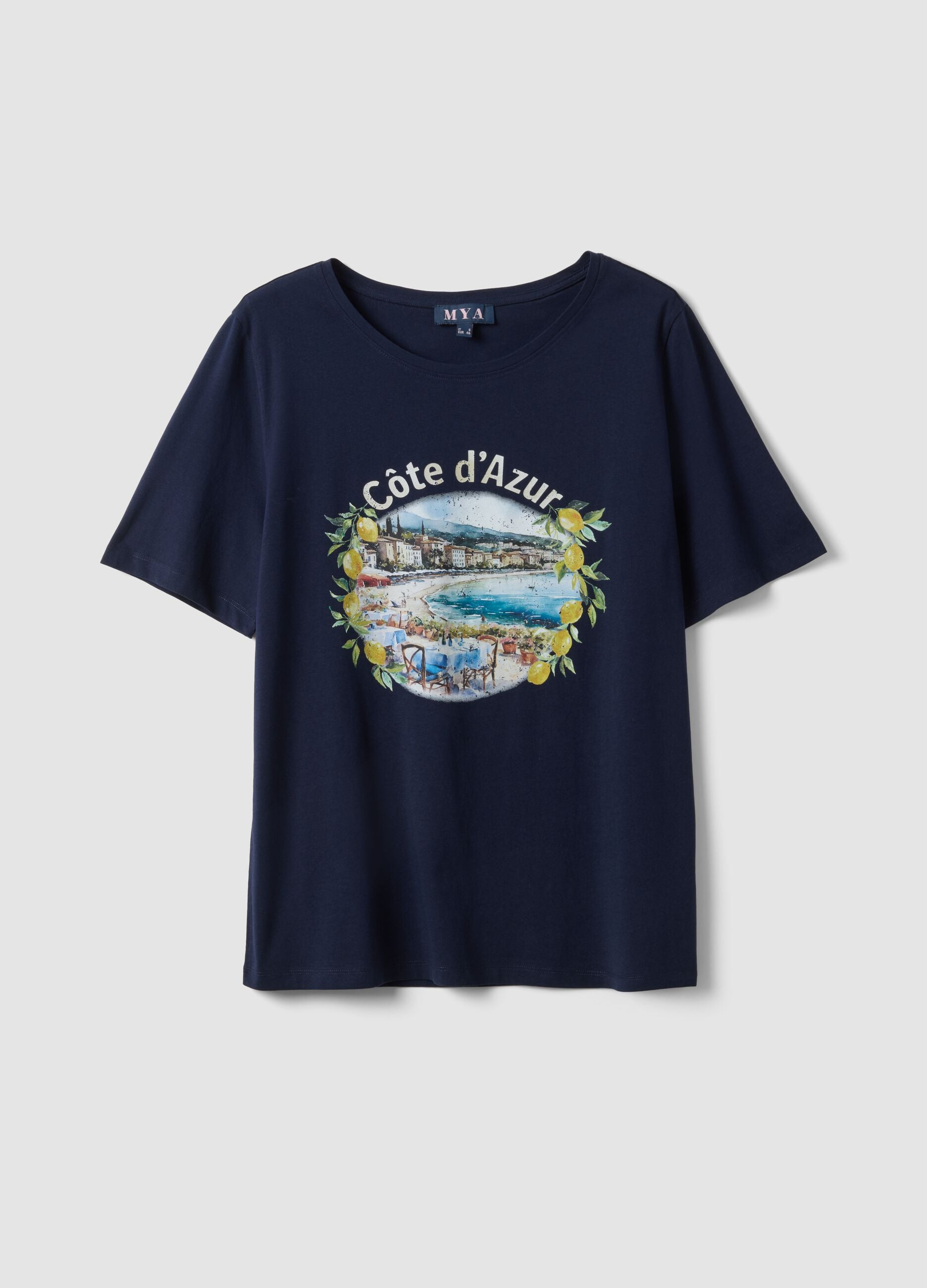 Blue pure cotton T-shirt regular fit with print