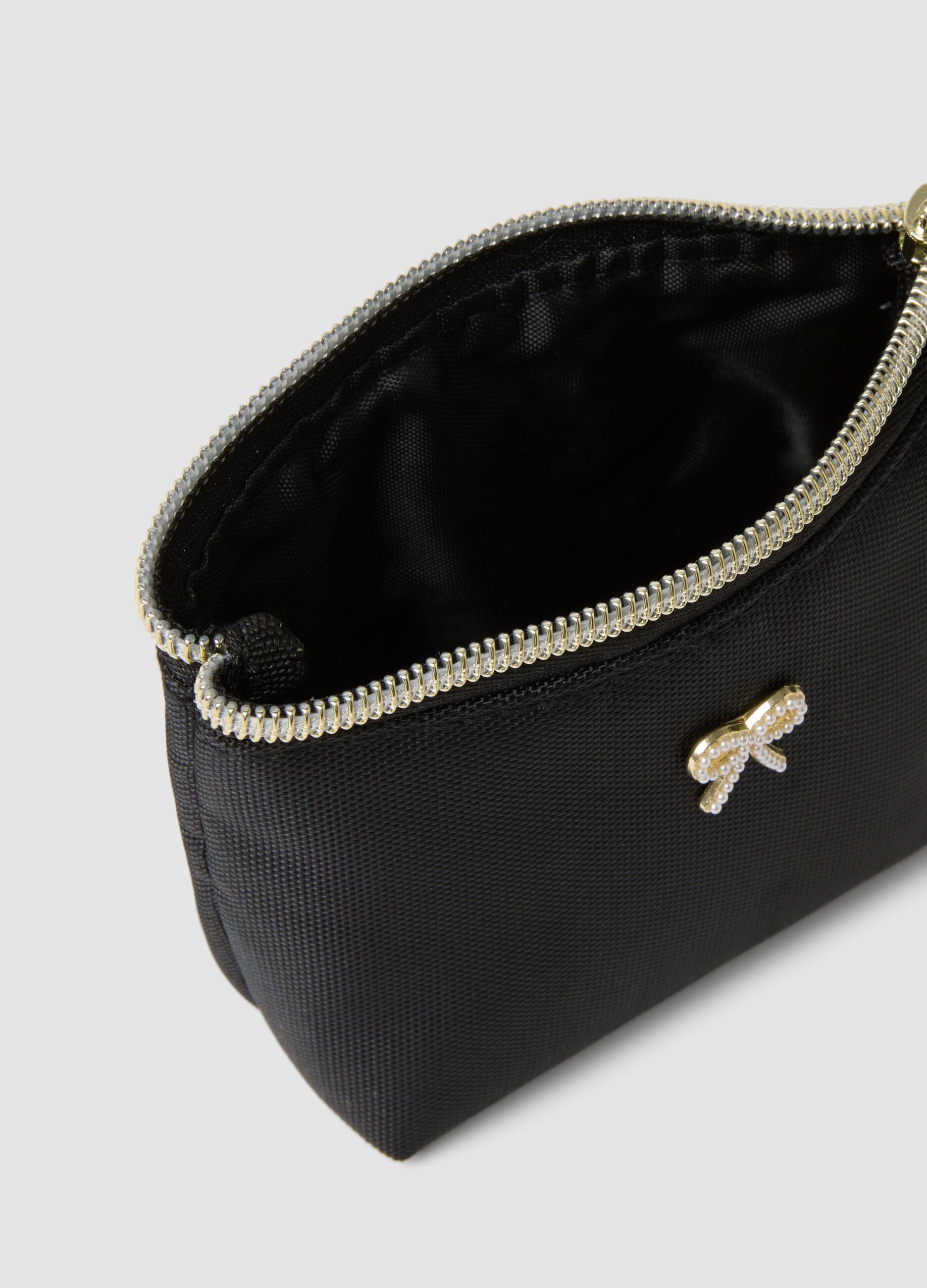 Black zip-up pouch with bow detail