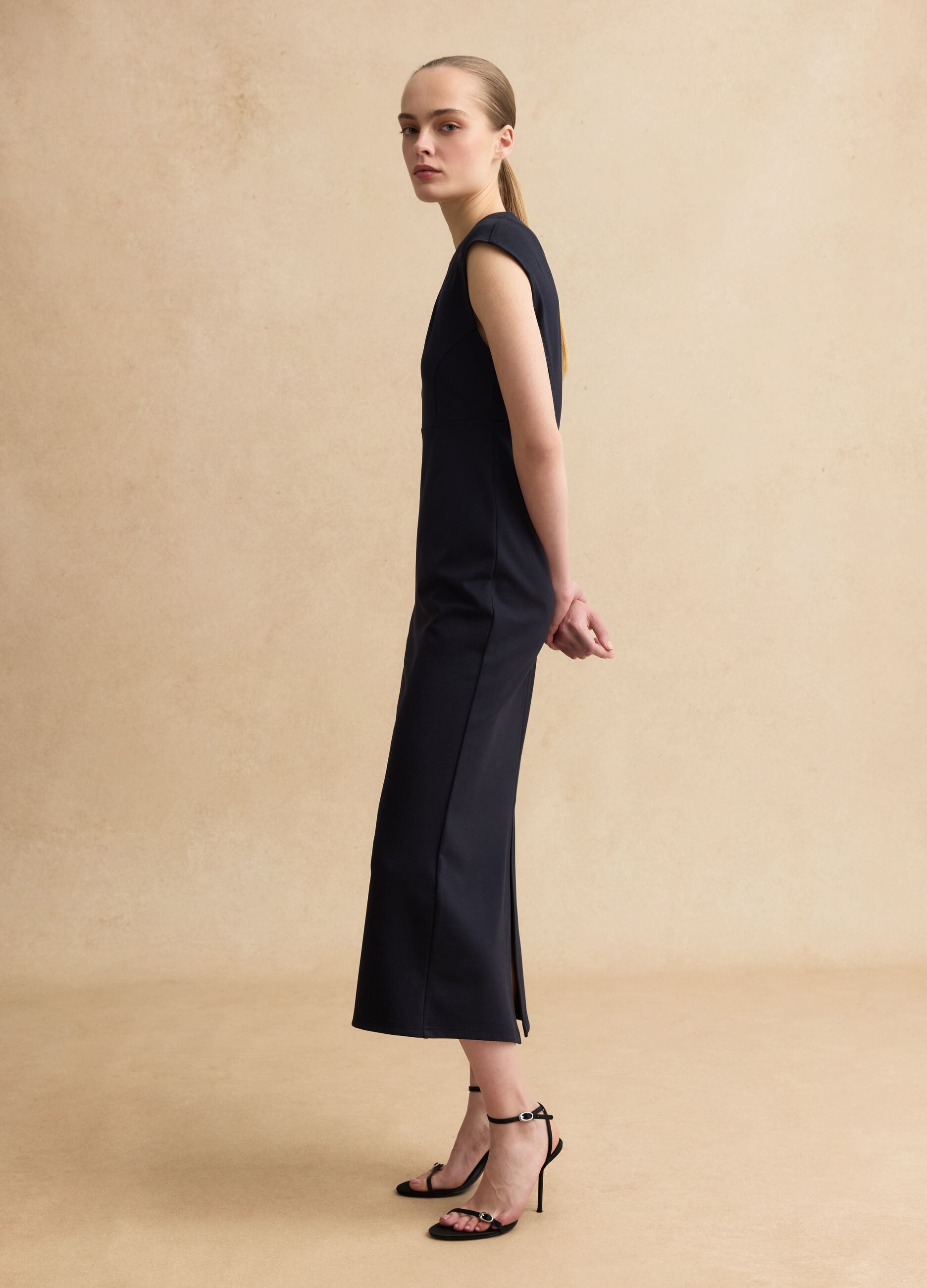 Sleeveless blue viscose blend slim fit dress with zip