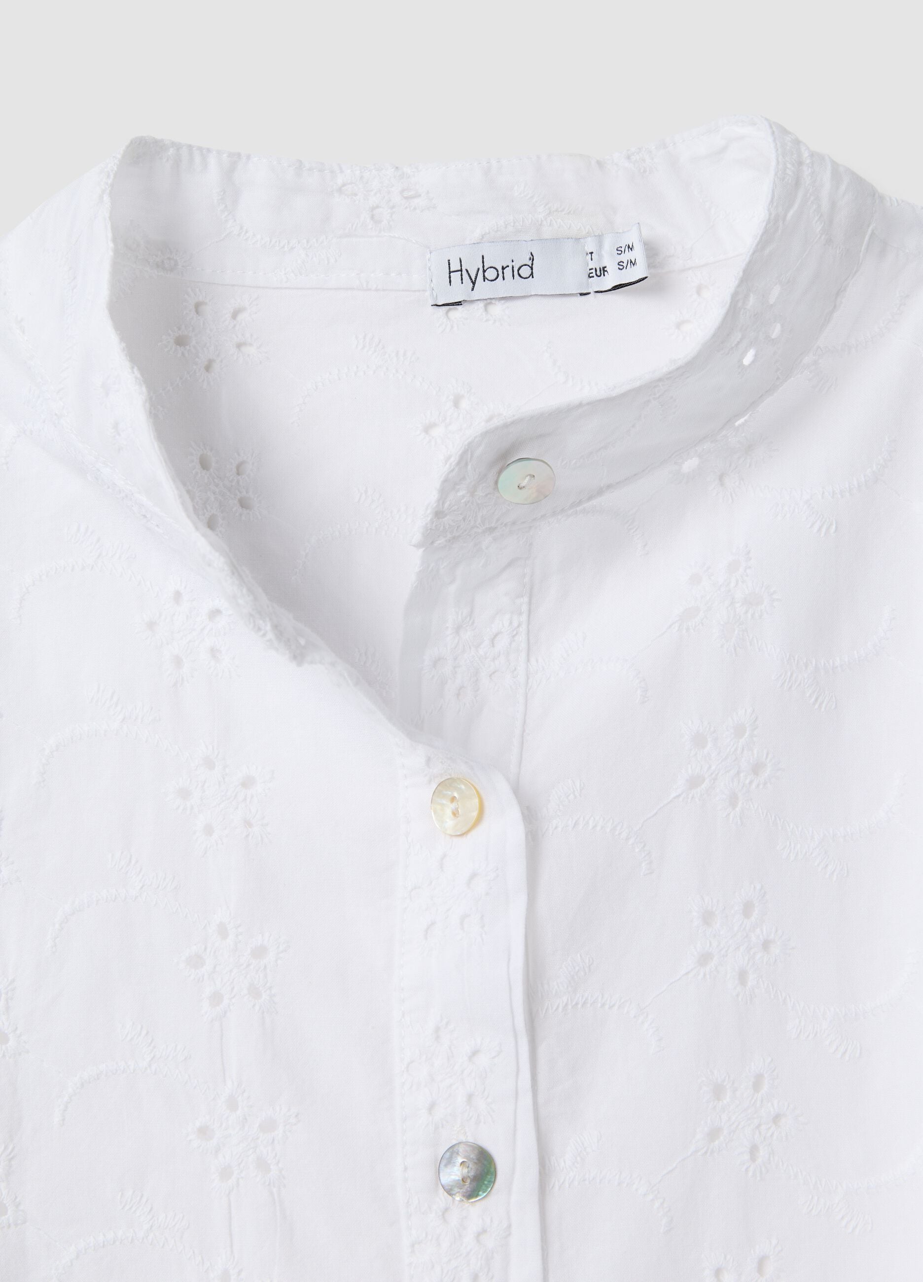 White pure cotton broderie anglaise shirt with band collar, regular fit