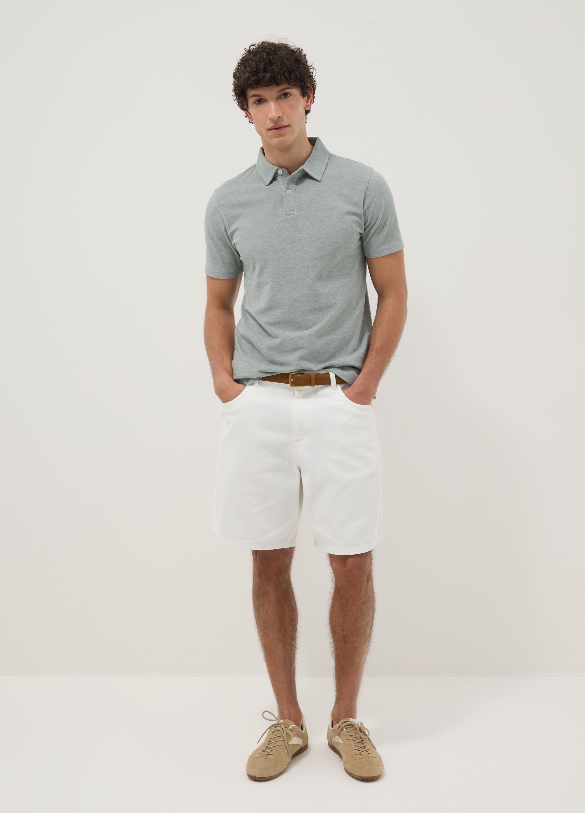 Grey short-sleeved polo shirt in pure cotton