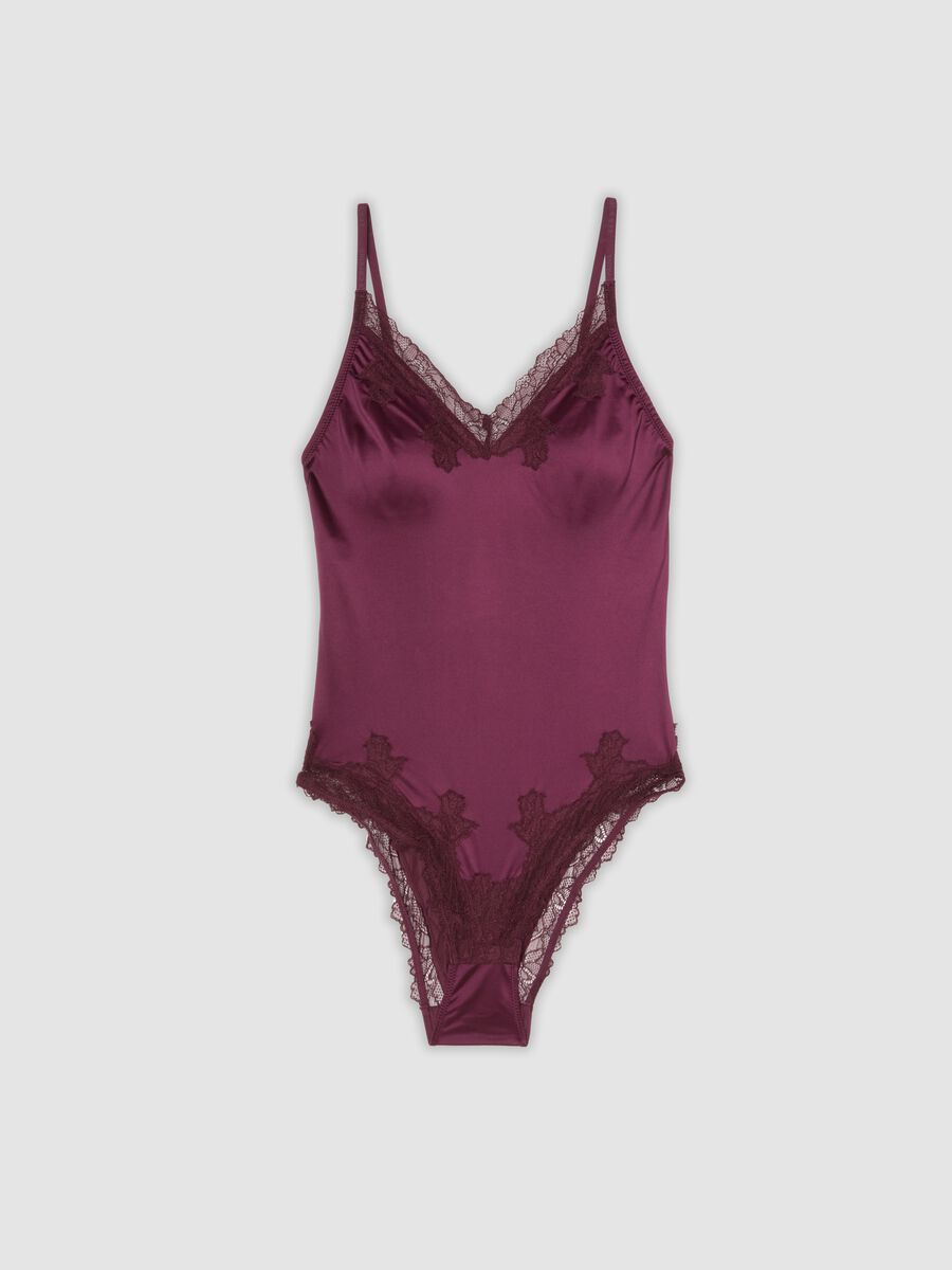 Purple stretch microfibre bodysuit with lace trim_0