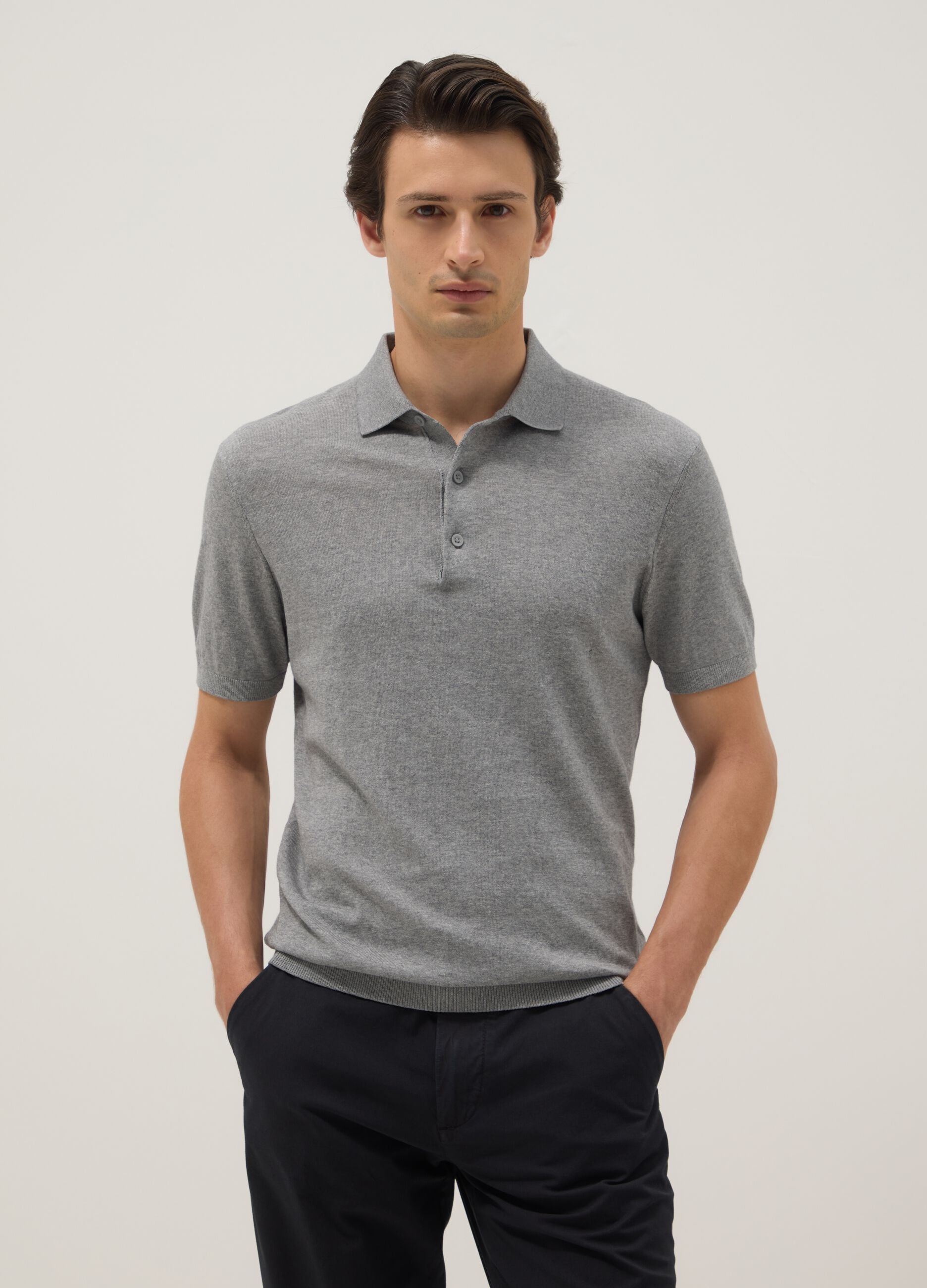 Grey pure cotton polo shirt regular fit