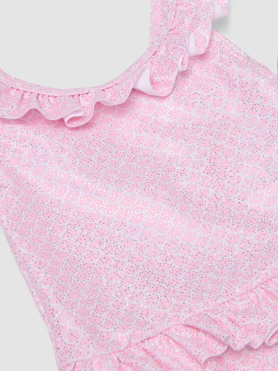 Costume intero rosa in tessuto elasticizzato con volant per neonate_2