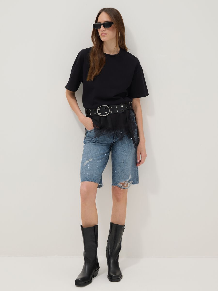 Black pure cotton T-shirt with lace insert, relaxed fit_2