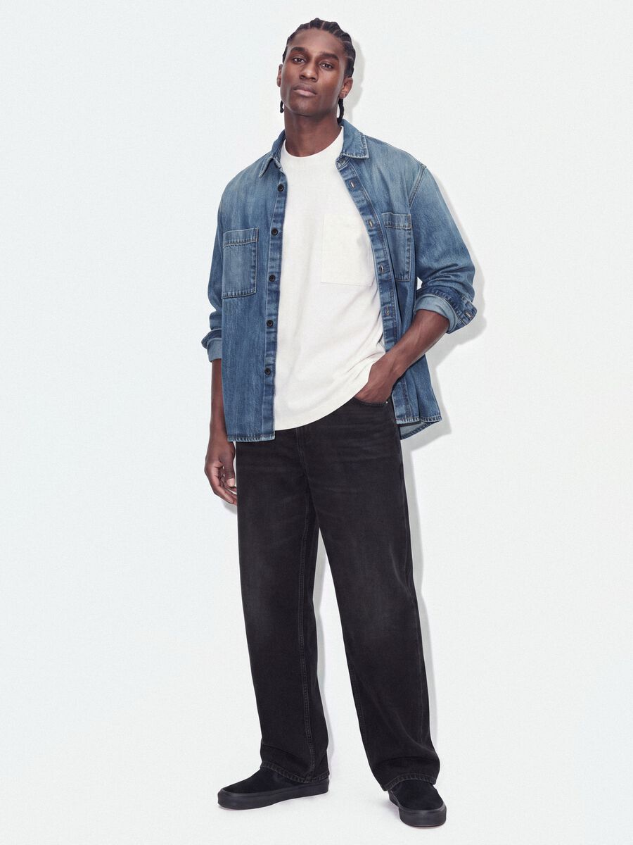 Camicia blu in denim in puro cotone regular fit_1
