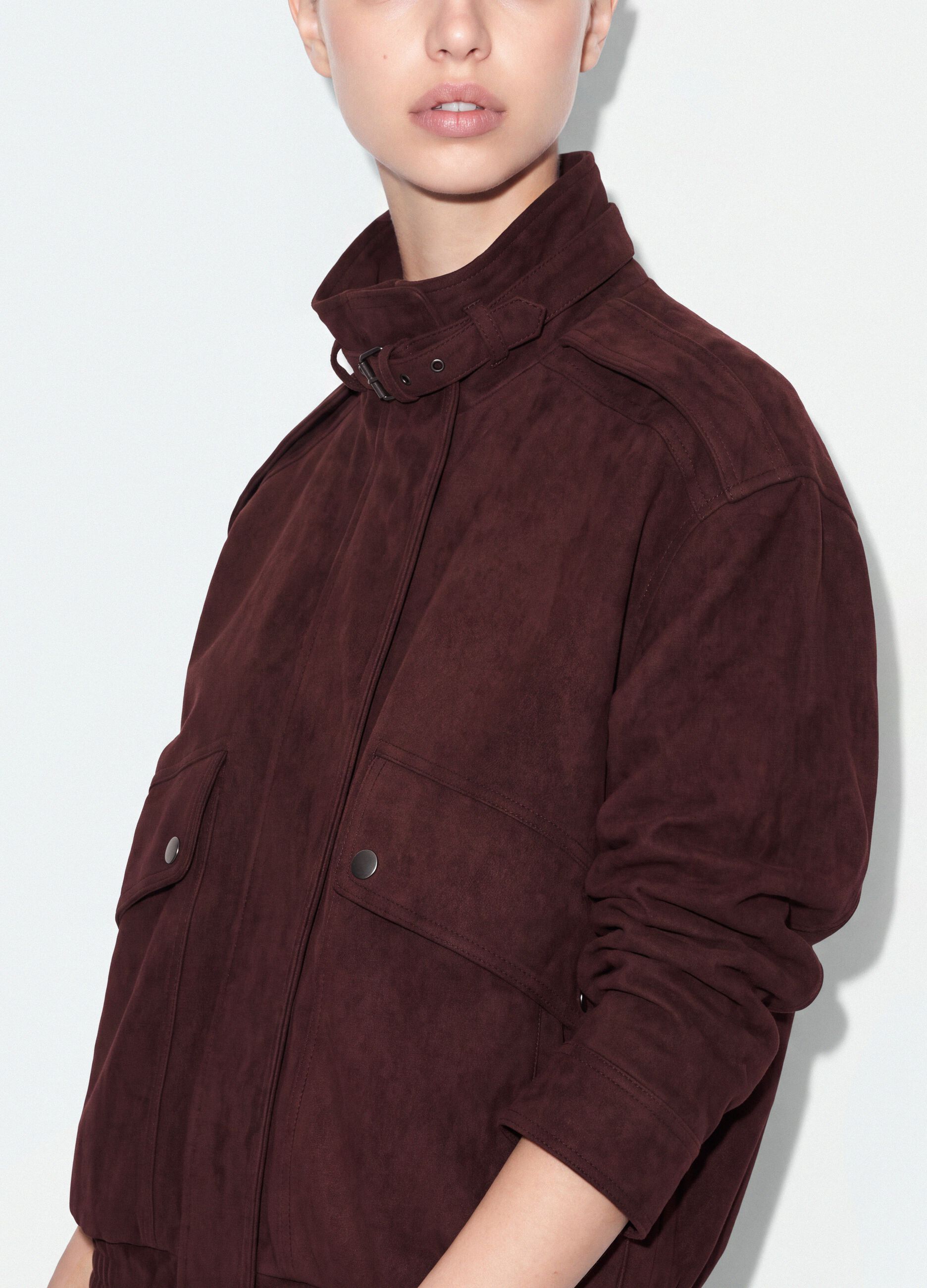 Brown stretch high-neck jacket, regular fit