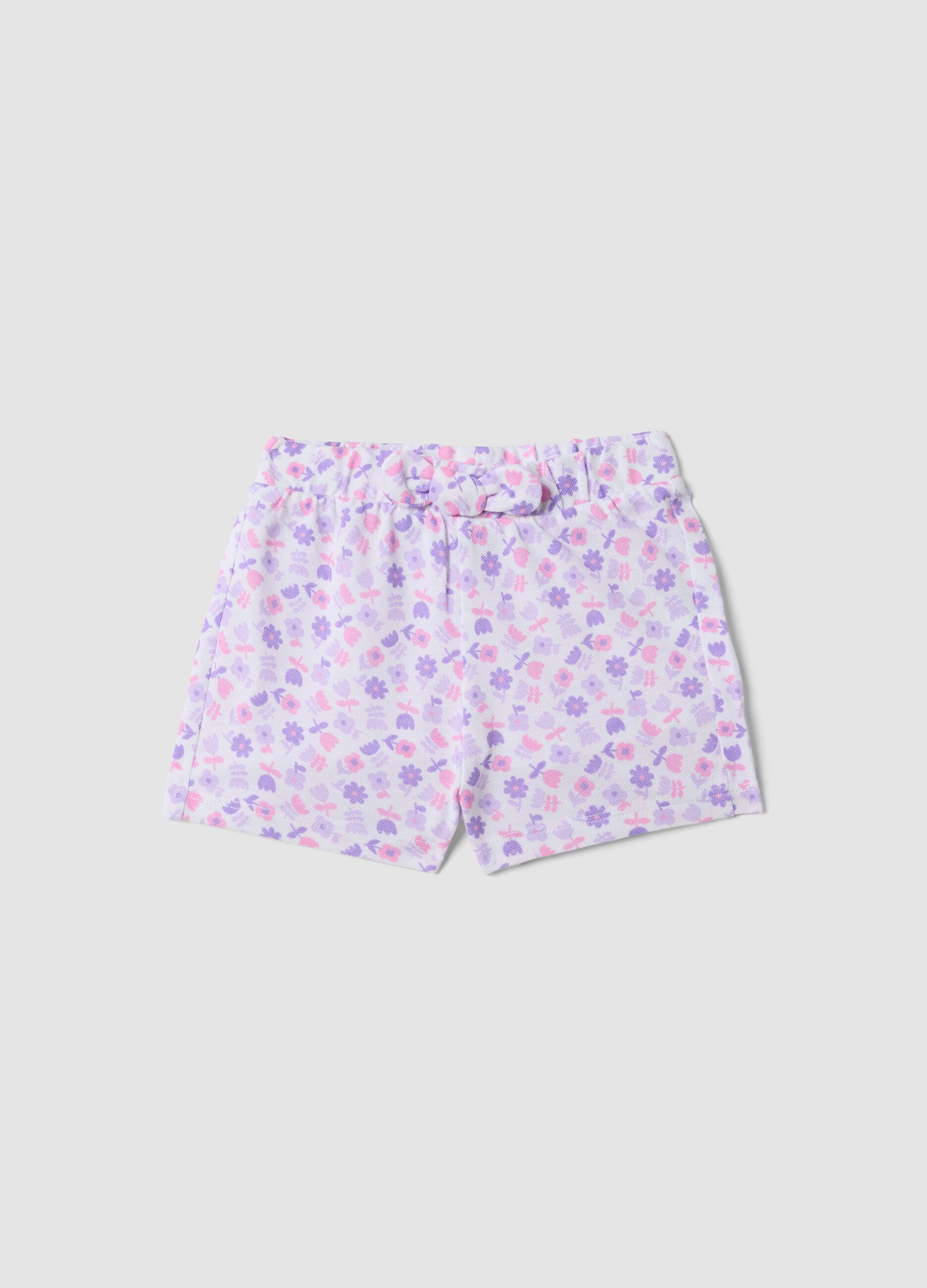 Purple pure cotton floral-print shorts for baby girls, regular fit