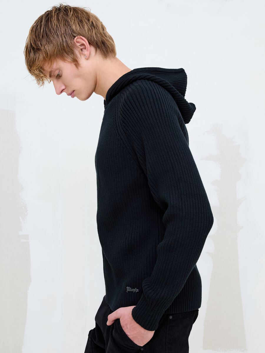 Black Ribbed Knit Hoodie_1