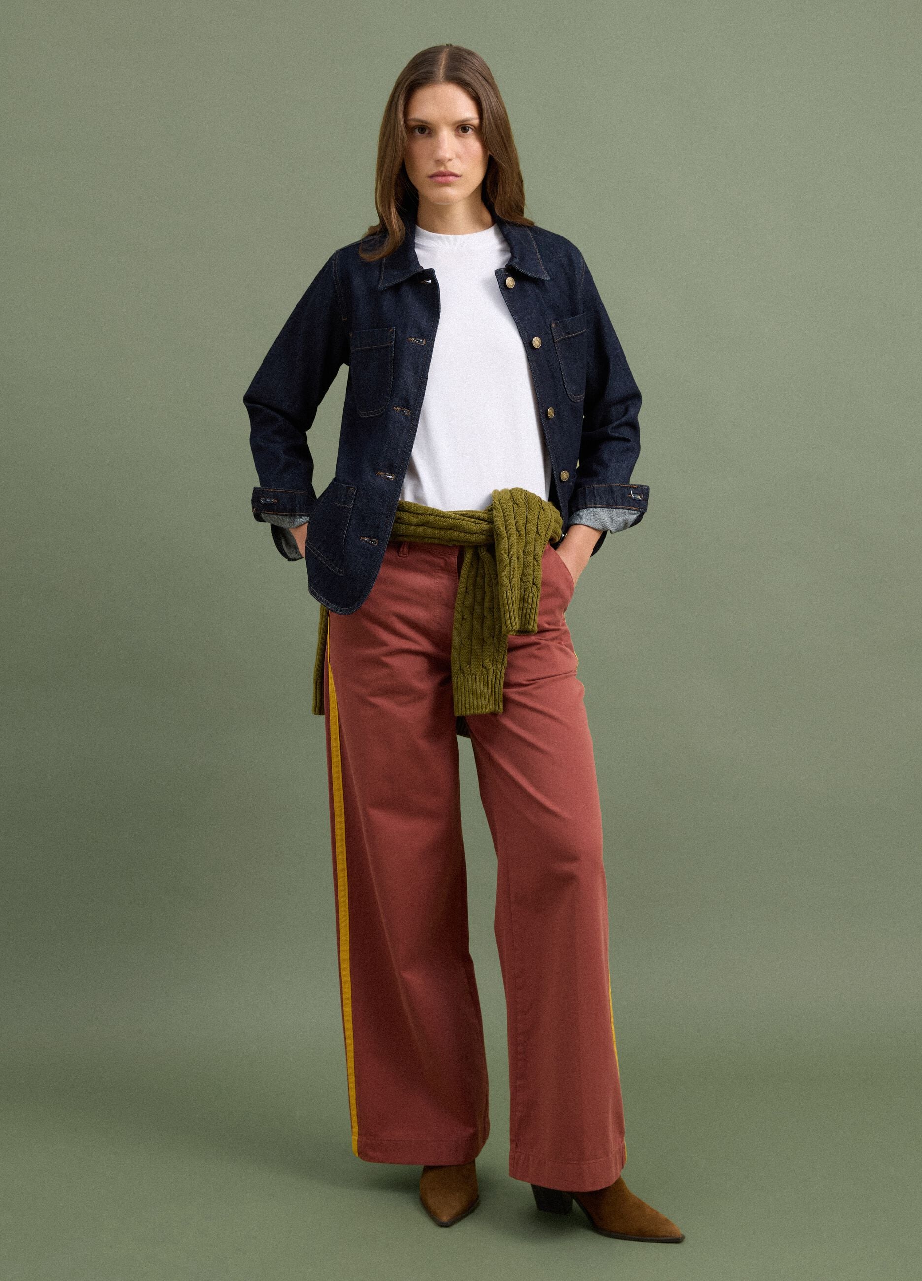 Red wide-leg cotton chino trousers with contrast side stripes