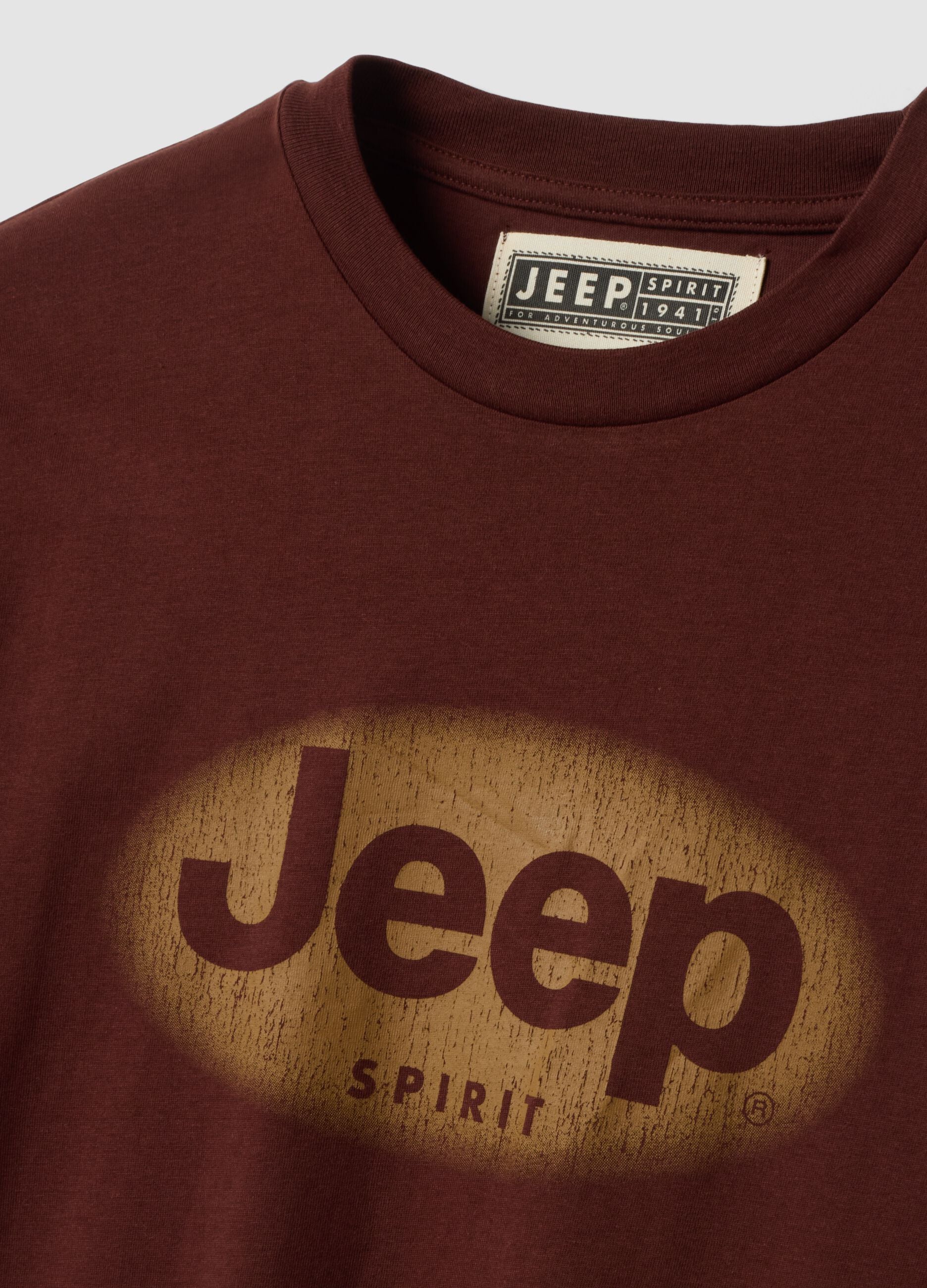 Brown pure cotton crew-neck T-shirt with Jeep print