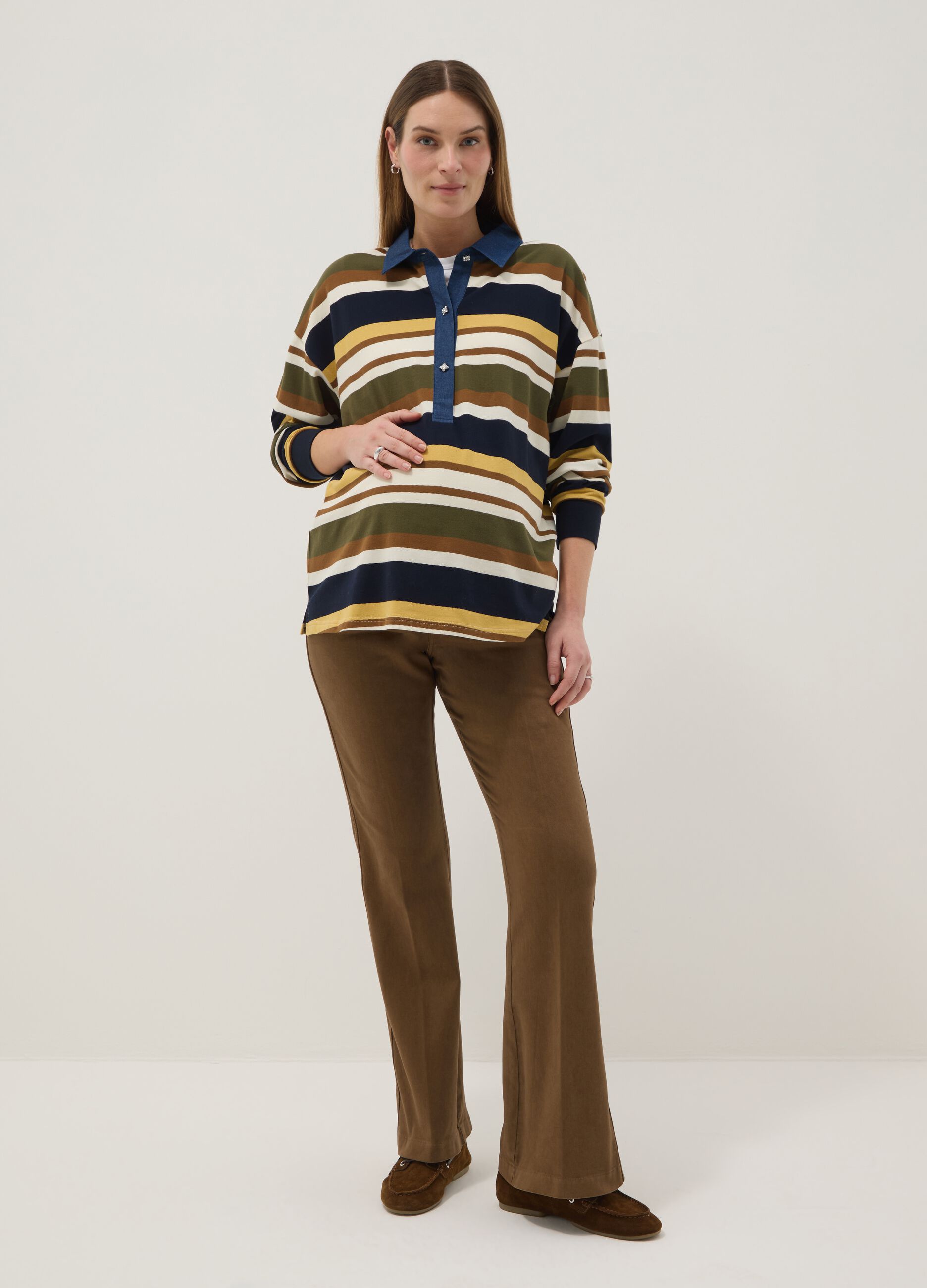Multicolour maternity long-sleeve polo in stretch cotton