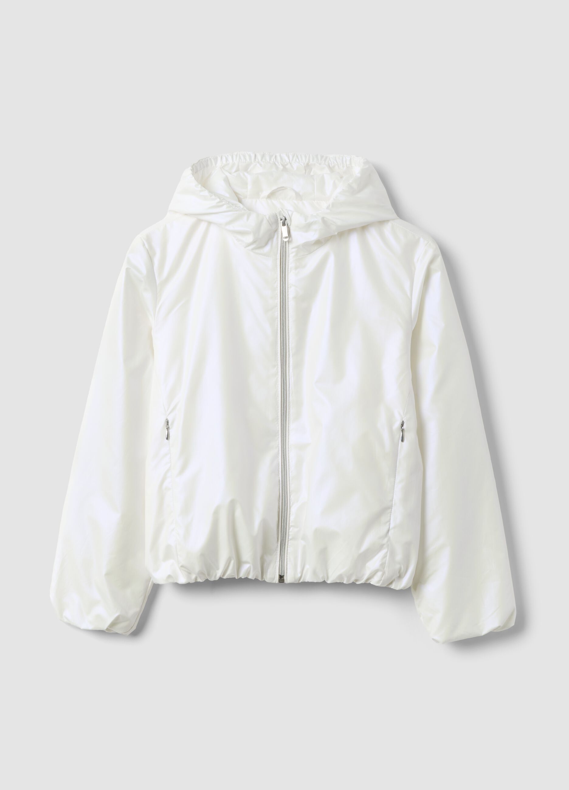 White hooded rain jacket with zip for girls