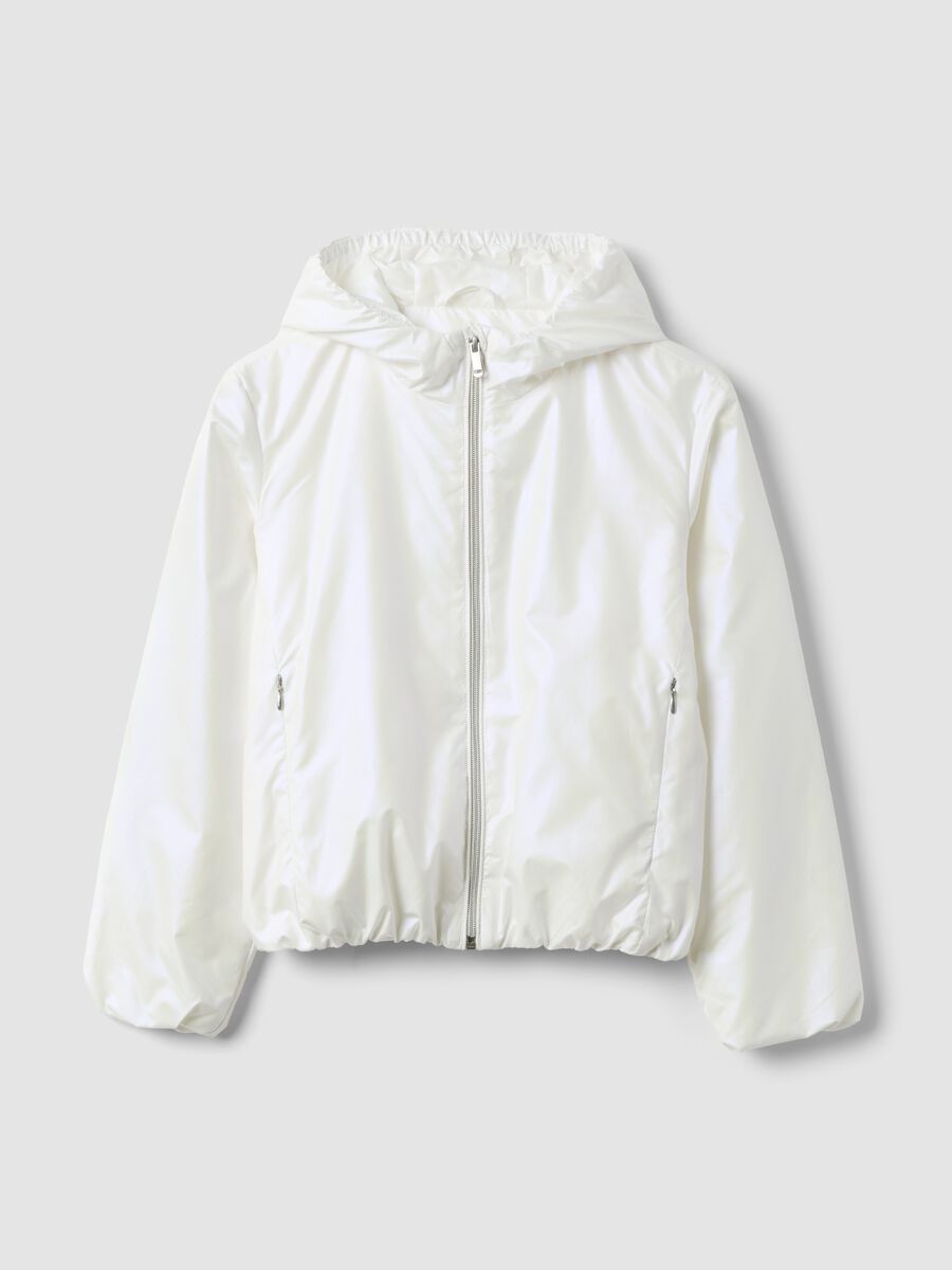 White hooded rain jacket with zip for girls_0