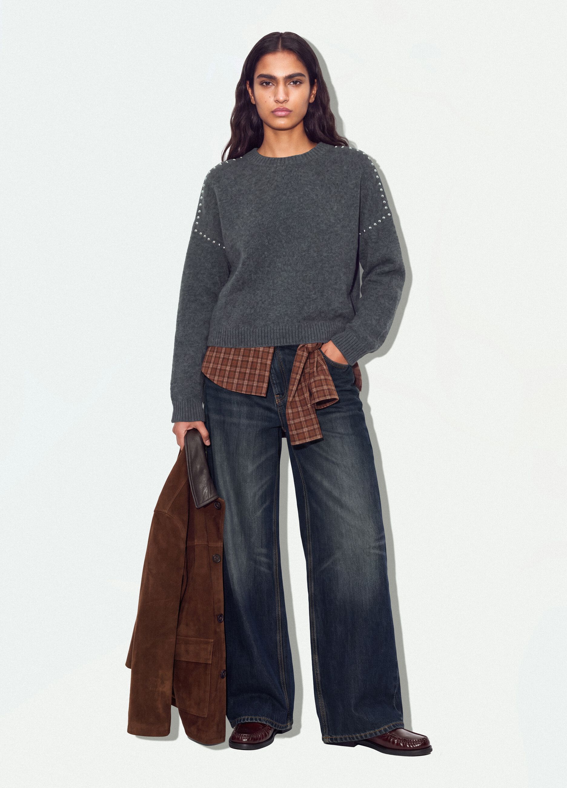 Grey stretch wool jumper with studded trims