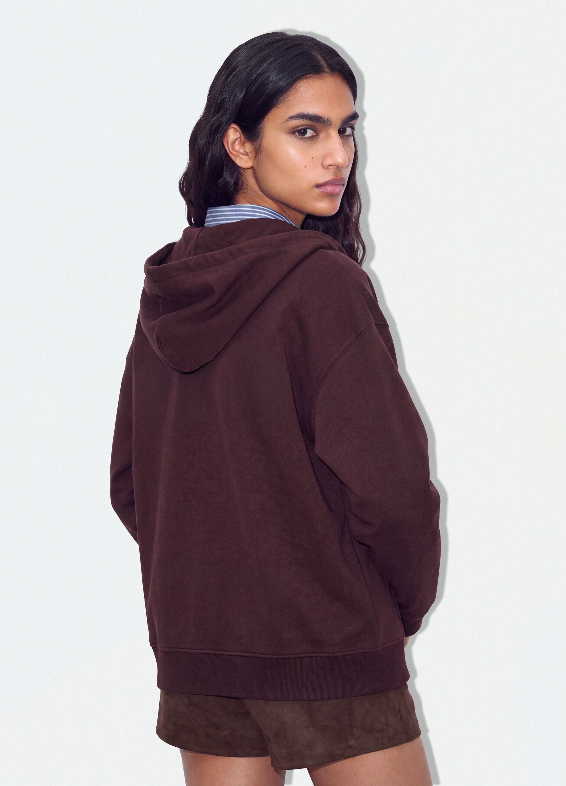 Brown cotton-blend hoodie with Boston slogan, relaxed fit