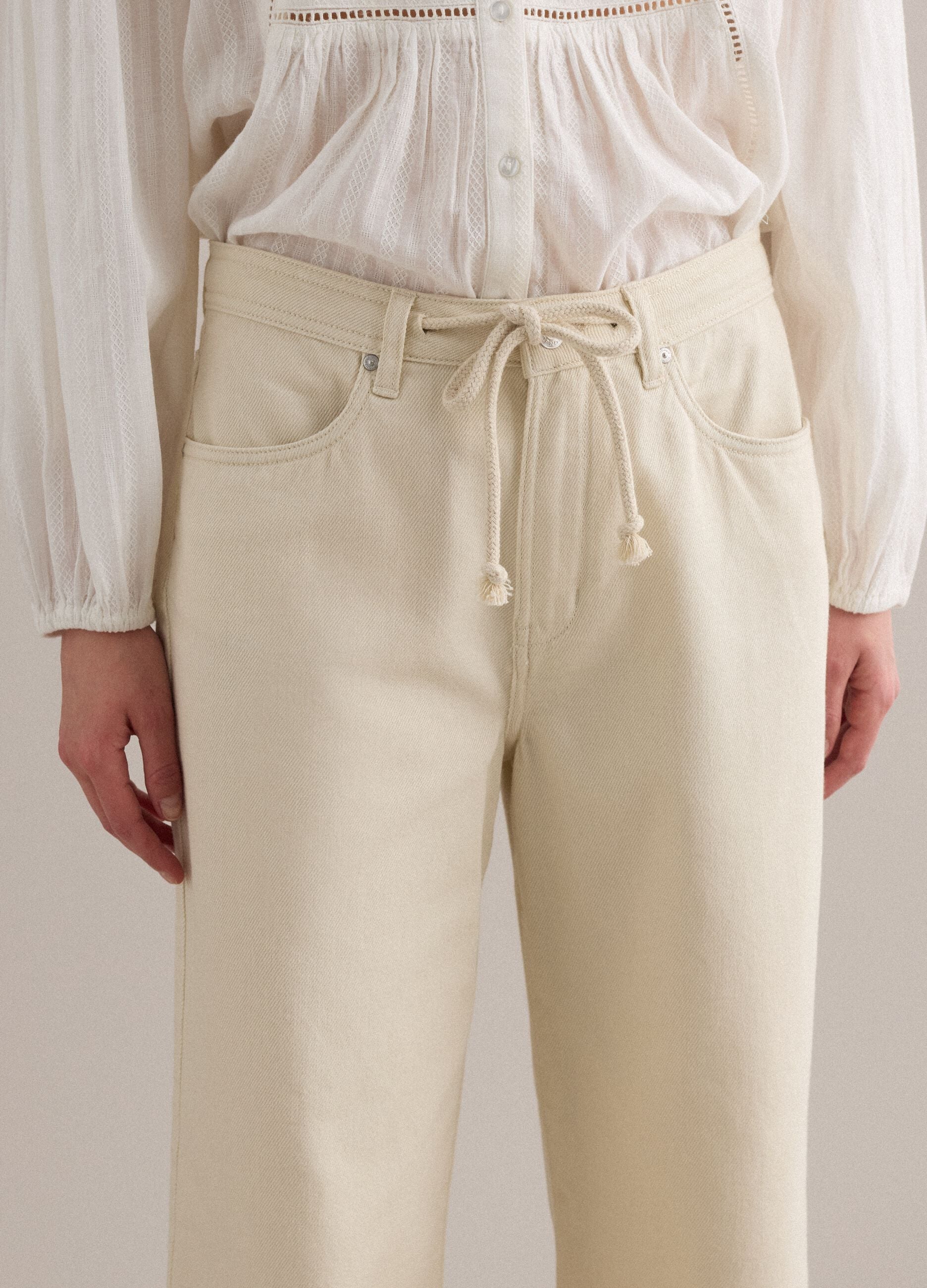 White pure cotton straight-fit trousers with drawstring