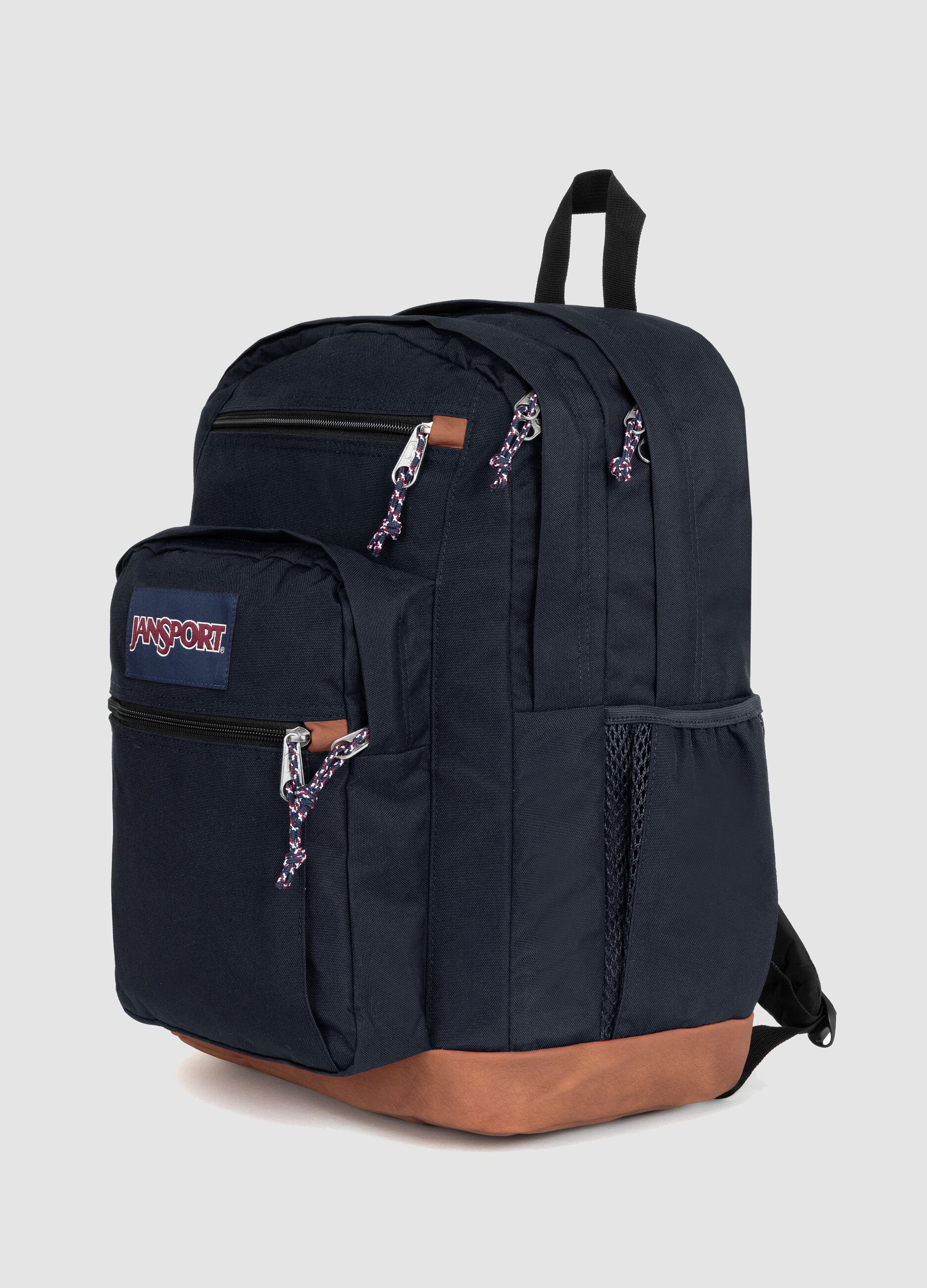 Blue backpack with brown base and external pockets