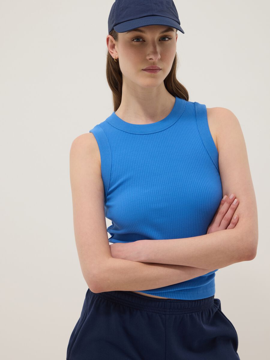 Blue fitted ribbed stretch-cotton tank top_0