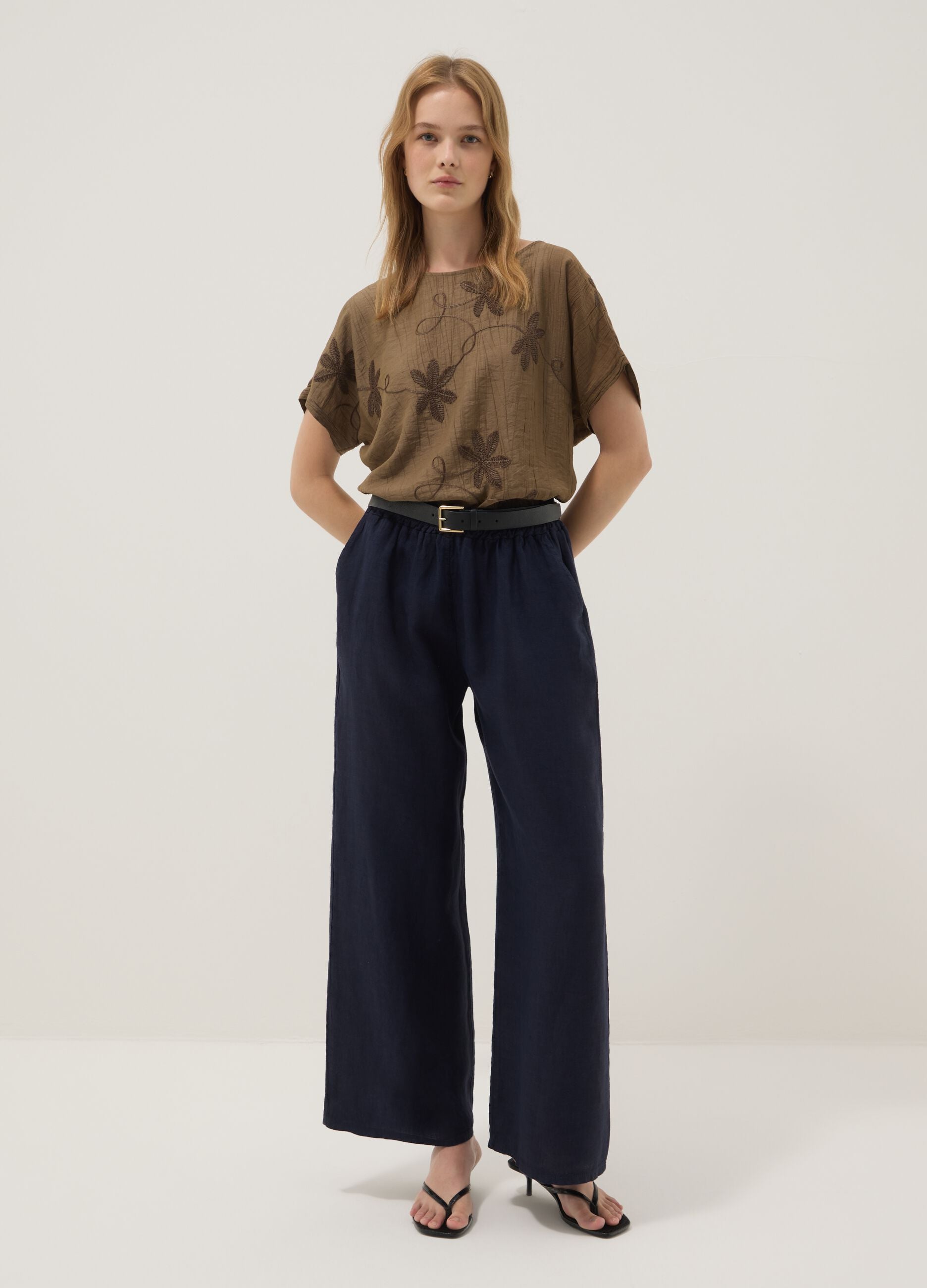 Blue pure linen palazzo trousers