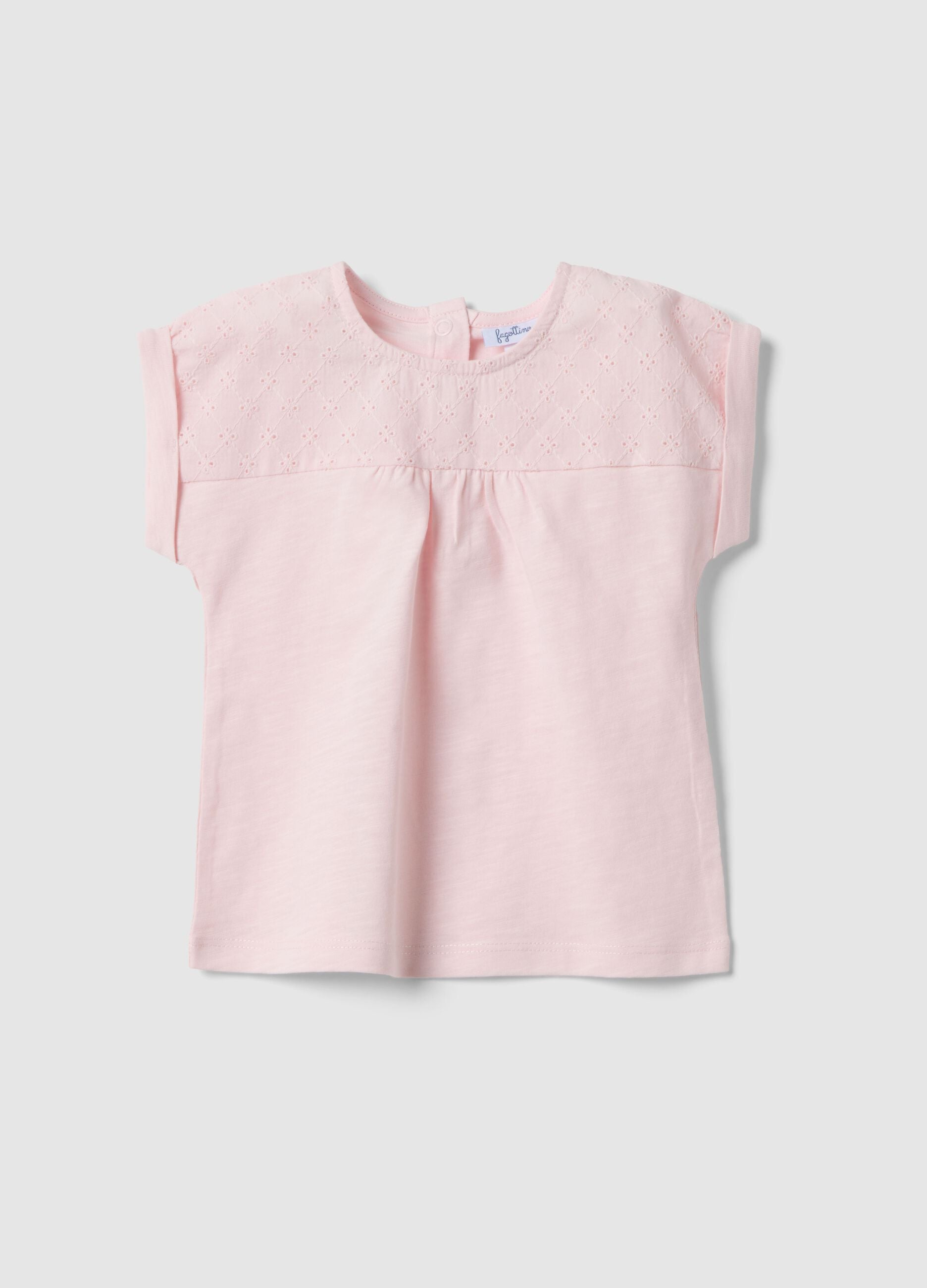 Girls' pink pure cotton T-shirt regular fit with embroidery
