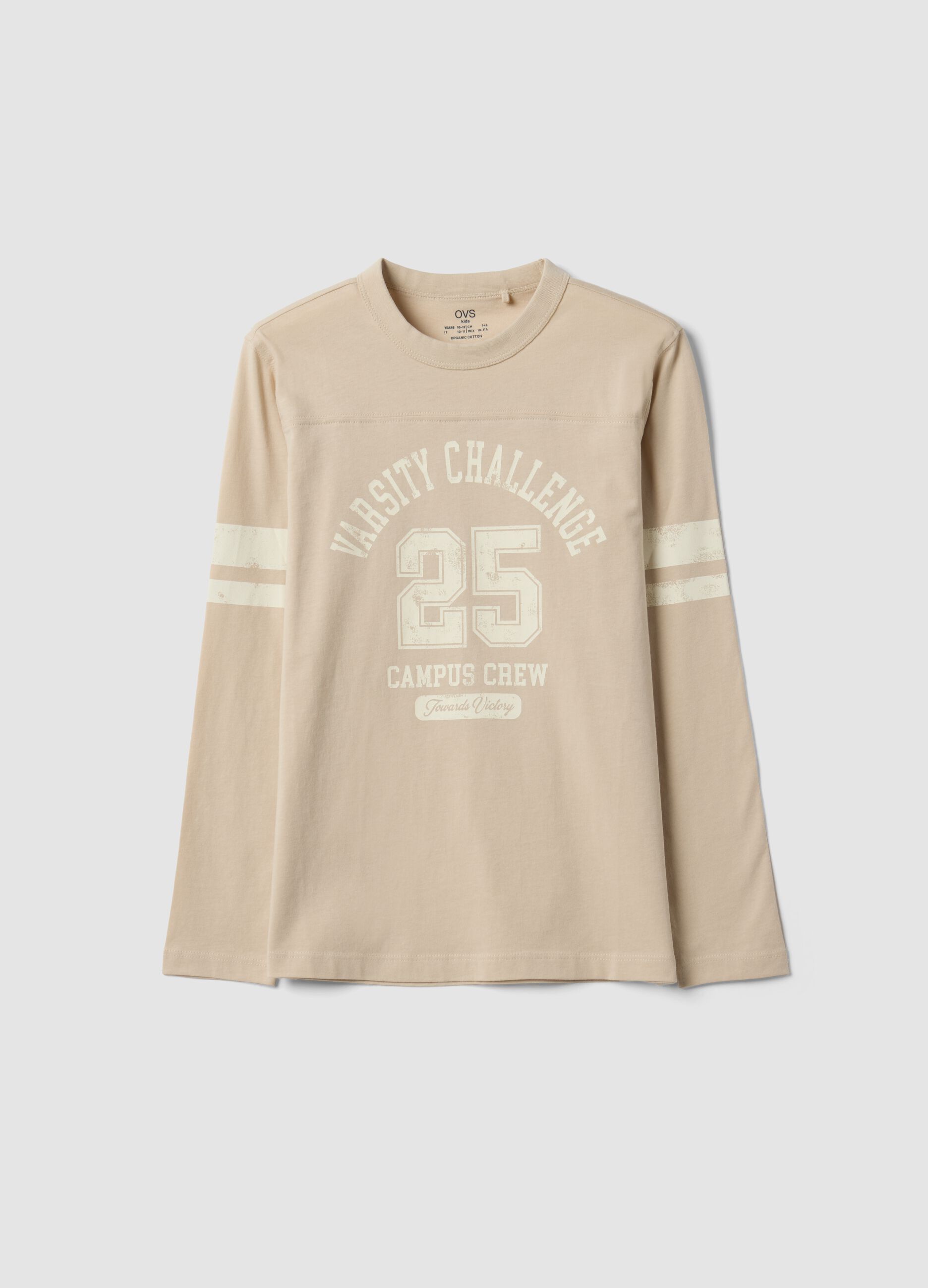 Beige pure organic cotton T-shirt with college print for boys